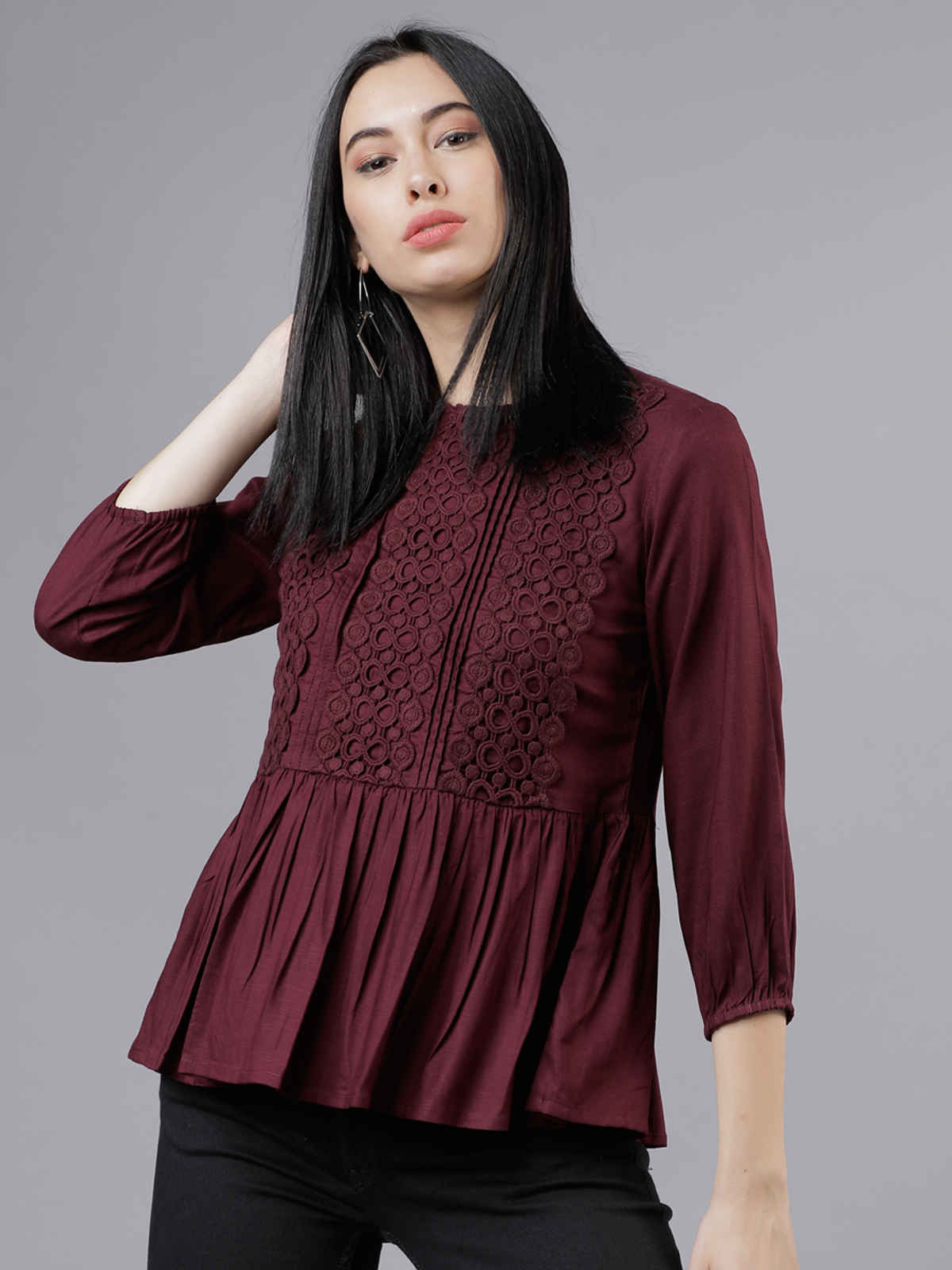 Tokyo Talkies Women's Lace Inserts Peplum Top | Burgundy - XL