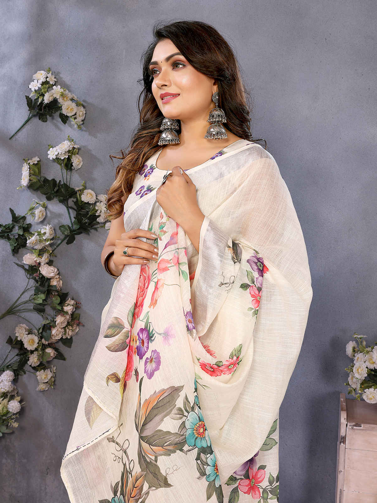 Hema Silk Mills Woman Digital Print Bollywood Linen Saree Ready to Wear saree with pocket | Beige