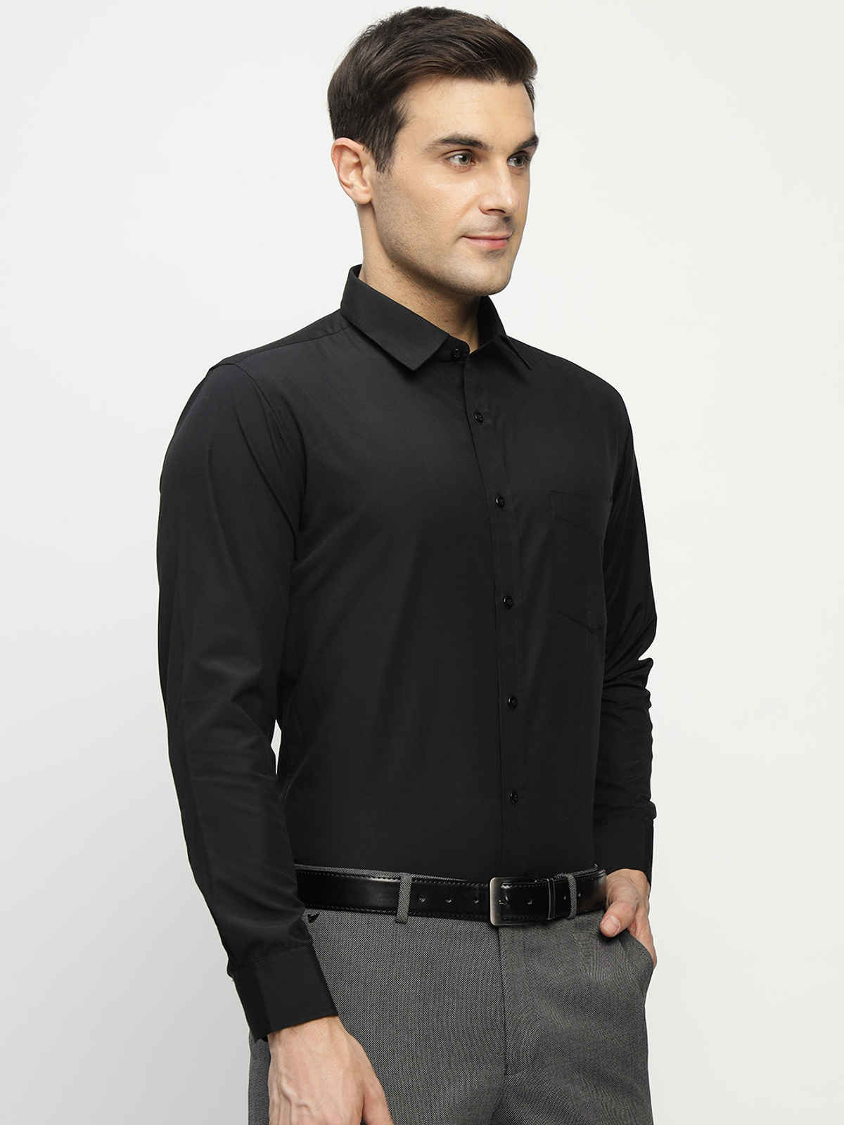 English Navy Men's Polyester Solid Slim Fit Formal Shirt | Black - L