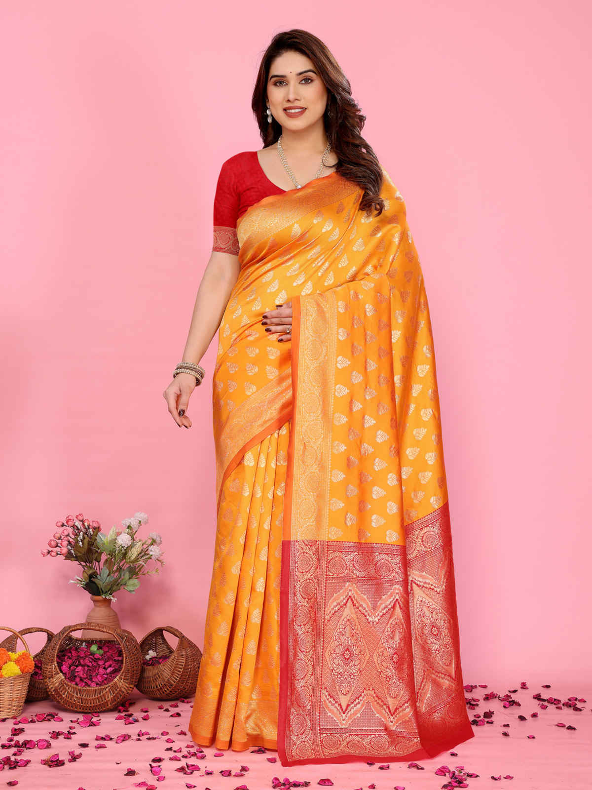 Hema Silk Mills Women Woven Banarasi Silk Blend Saree | Mustard