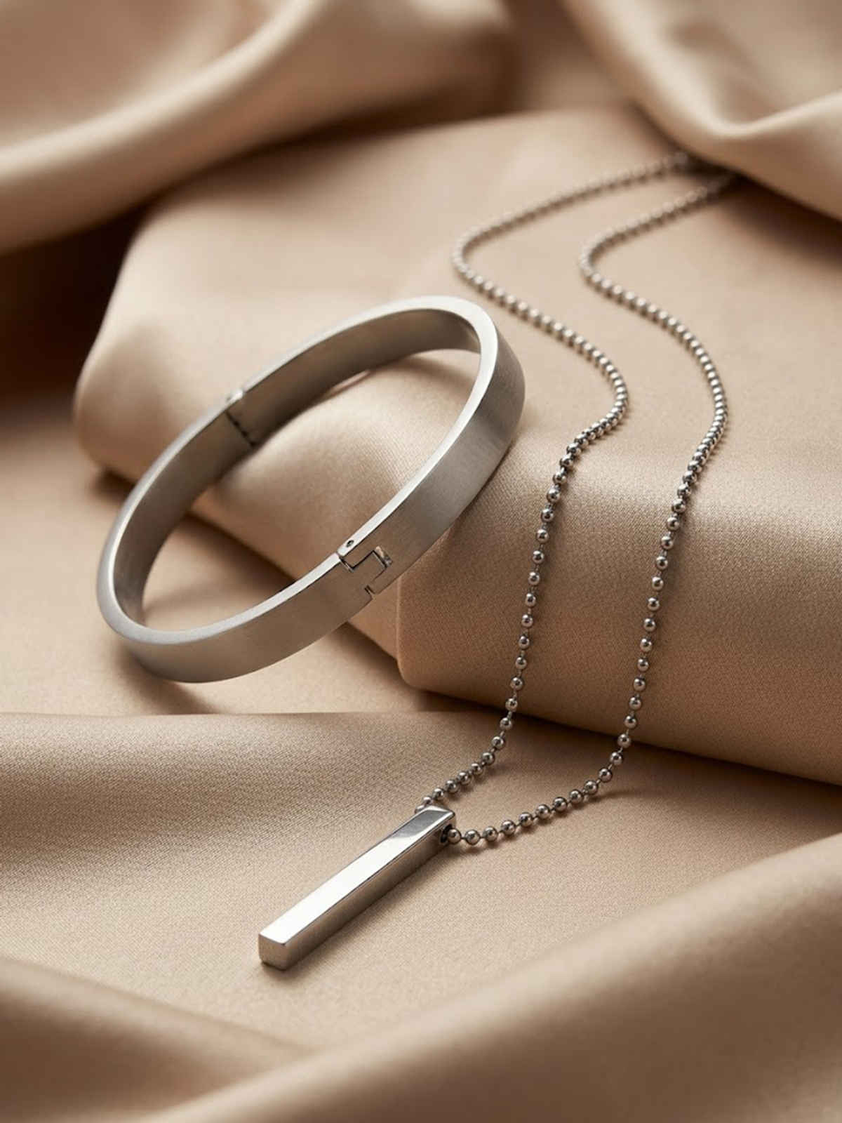 NVR Men's Silver Plated Kada Bracelet And Chain With Pendant Boho Chic Gift Combo