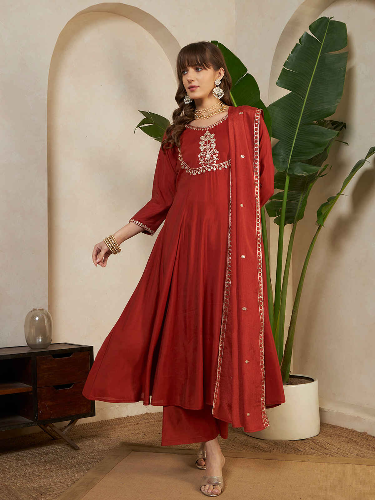 Sheetal Associates Anarkali Kurta Pant Dupatta Set for Women's | Kurta 127 | Maroon | S