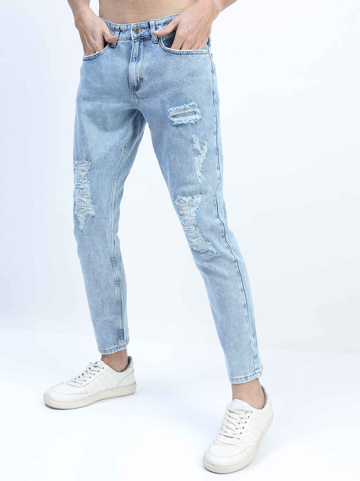 Highlander Men's Tapered Fit Highly Distressed Heavy Fade Stretchable Jeans | Blue - 34