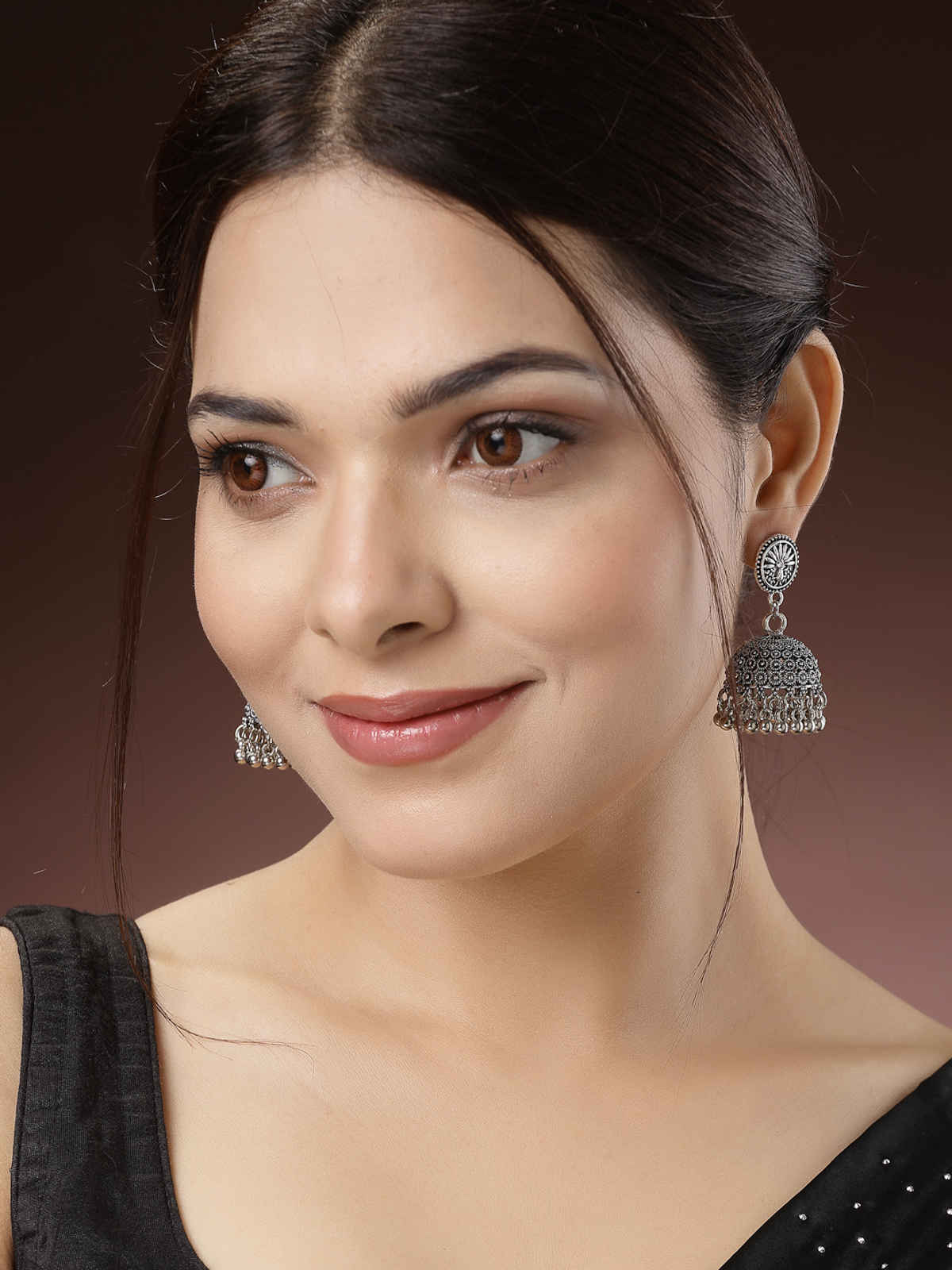 NVR Women German Silver Oxidised Dome Shaped Boho Chic Jhumka Earrings