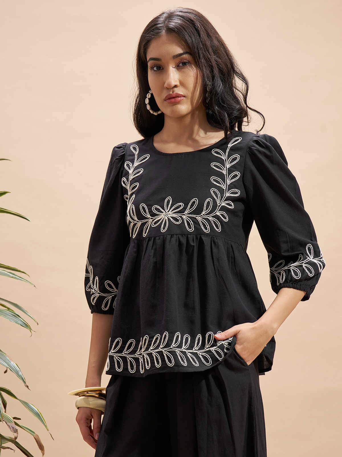 Vara By Vishudh Women's Embroidered Gathered Top | Black - L