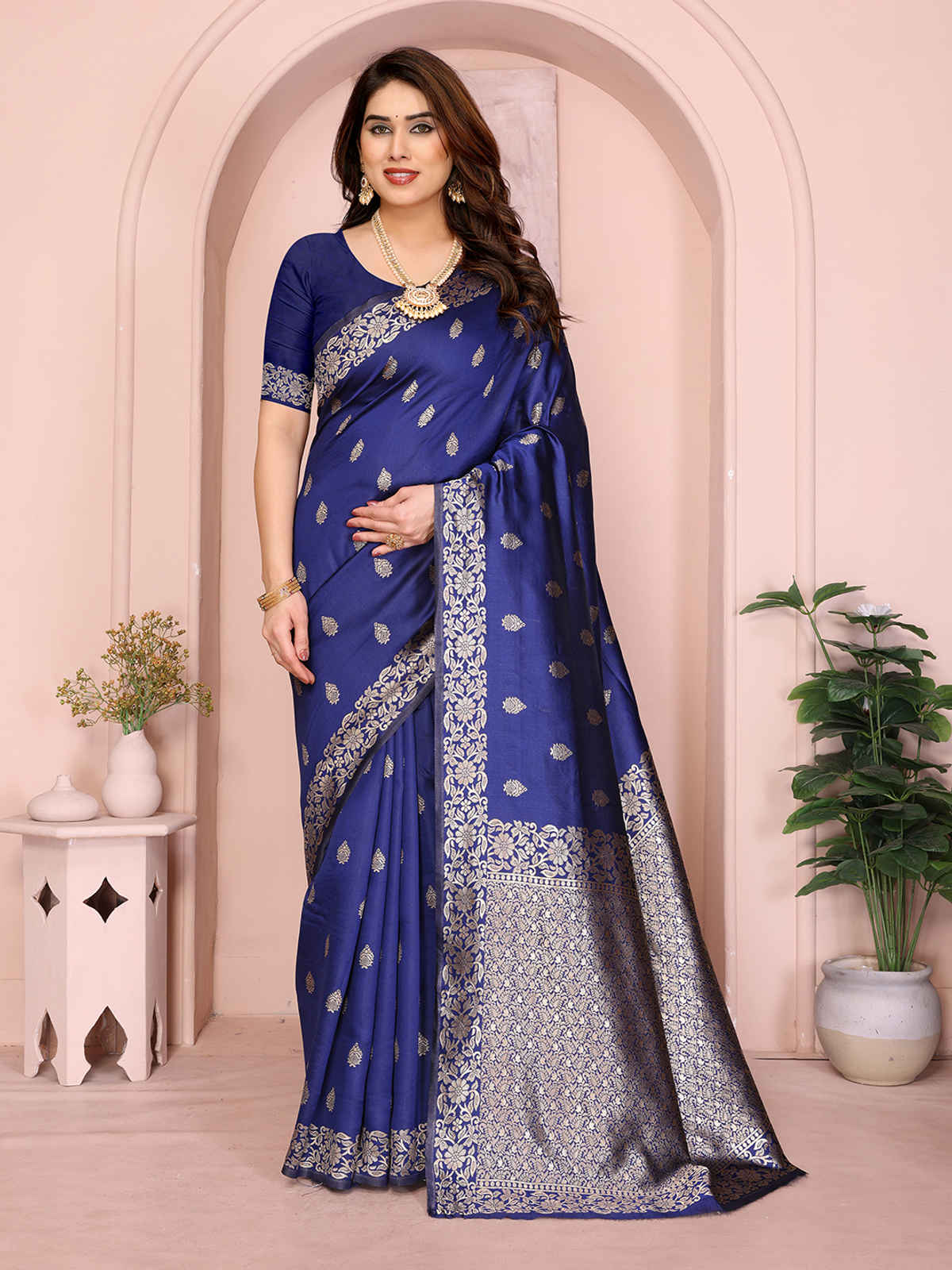Hema Silk Mills Women Woven Banarasi Silk Blend Saree | Royal Blue