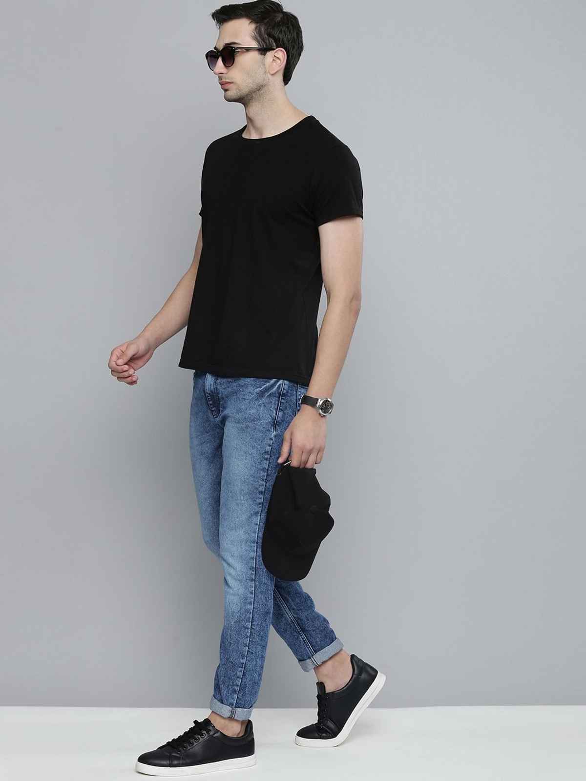 The Indian Garage Co Men's Slim Fit Solid Casual Jeans | Blue - 36