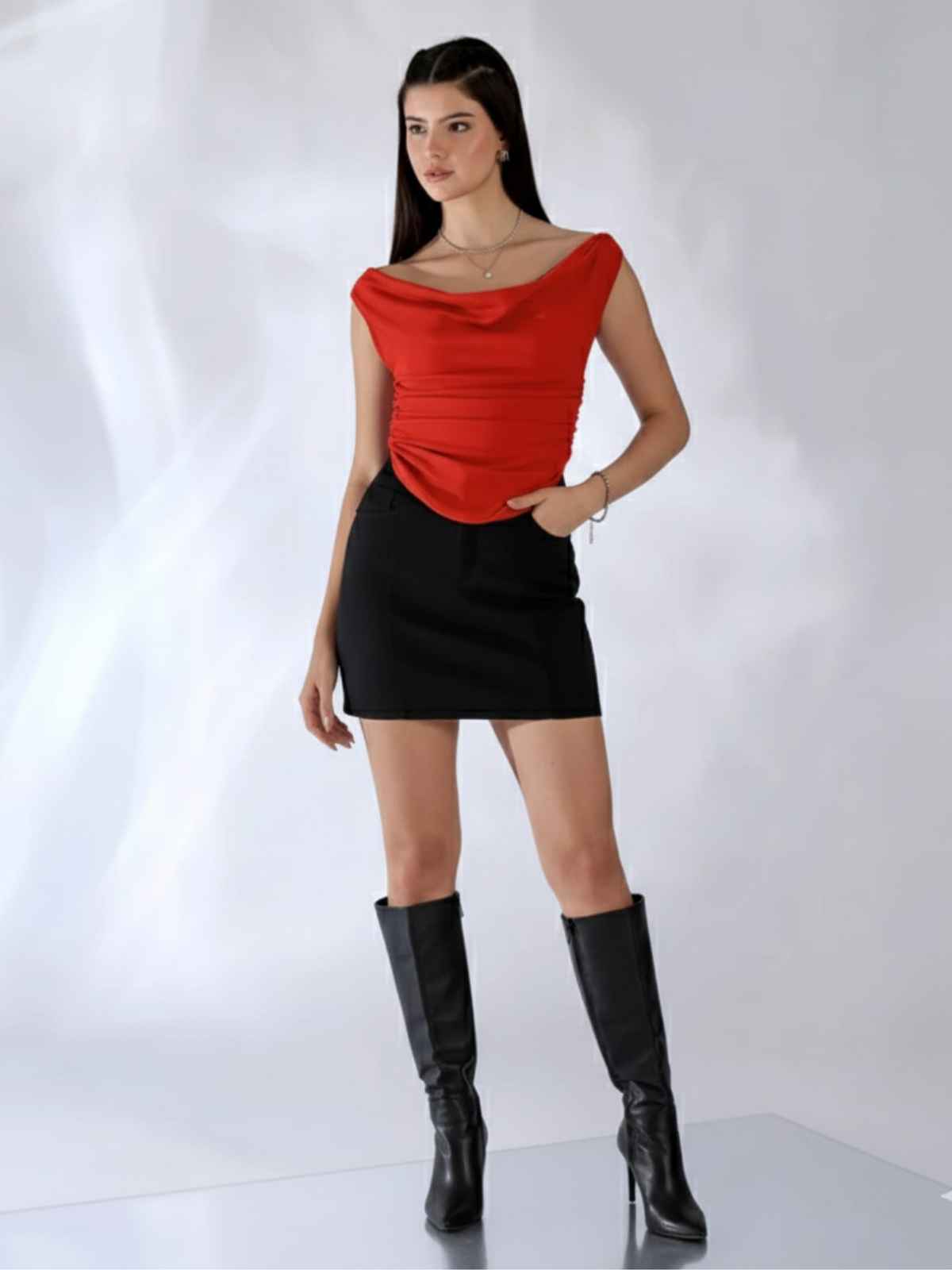 Uptownie Women's Stretchable Cotton Draped Crop Top | Red - L