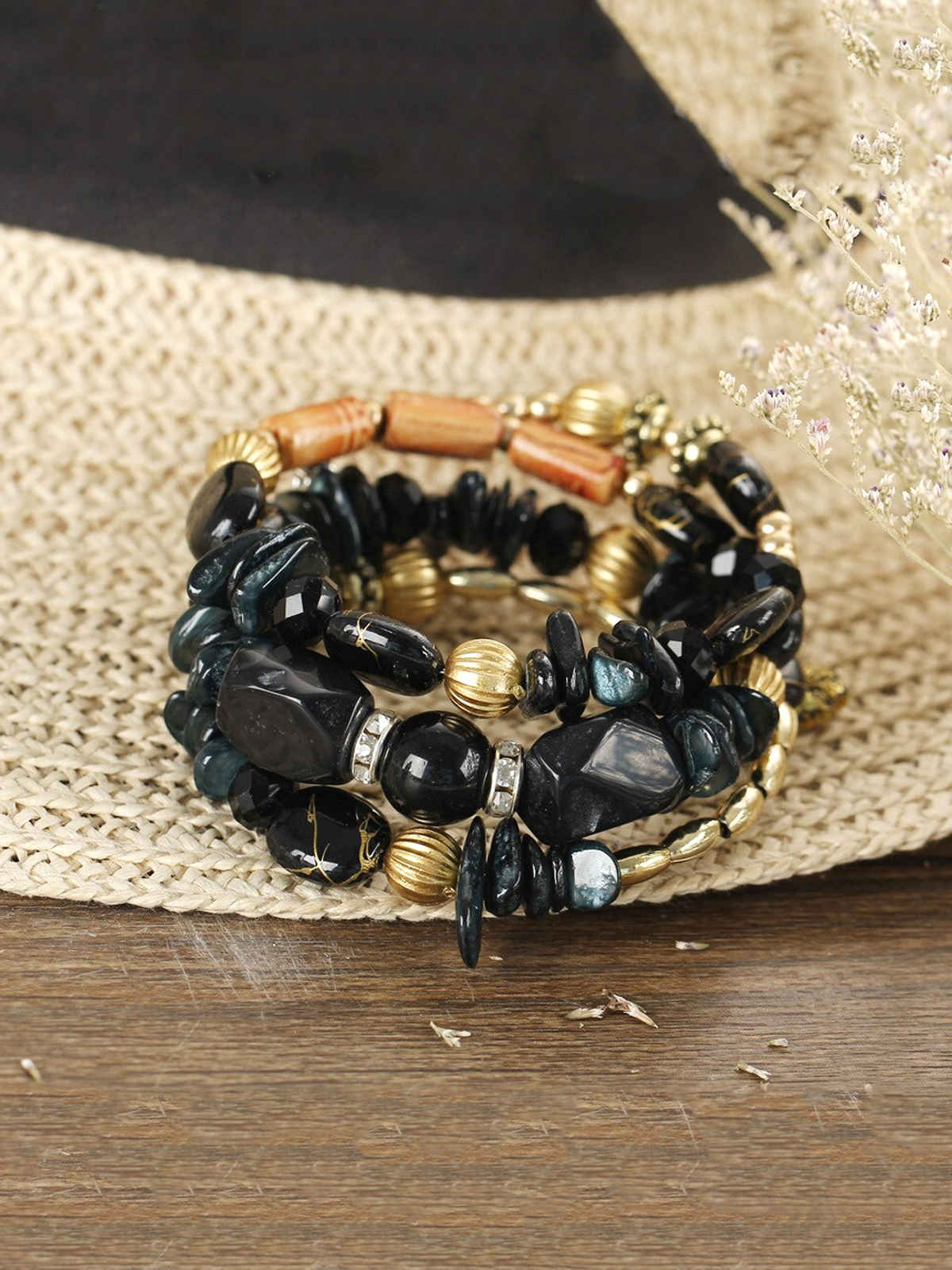 Yellow Chimes Bohemian Black Beads Bracelet for Women | Layered Stretch Beaded Bracelet