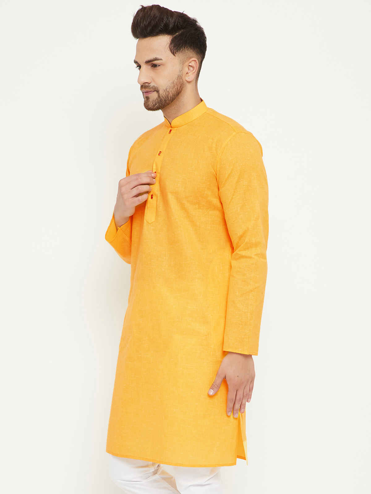 Vastramay Men's Cotton Blend Traditional Kurta | Yellow | L