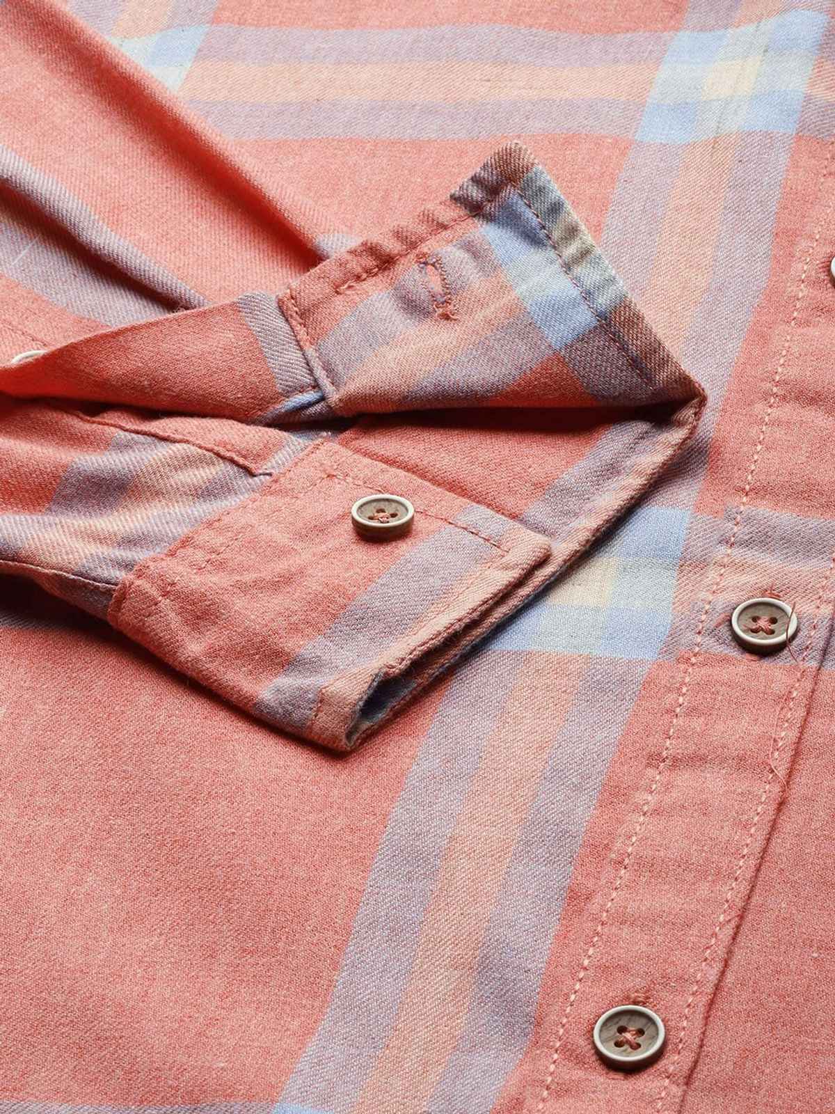 The Indian Garage Co Men's Regular Fit Checked Casual Shirt | Coral - XL