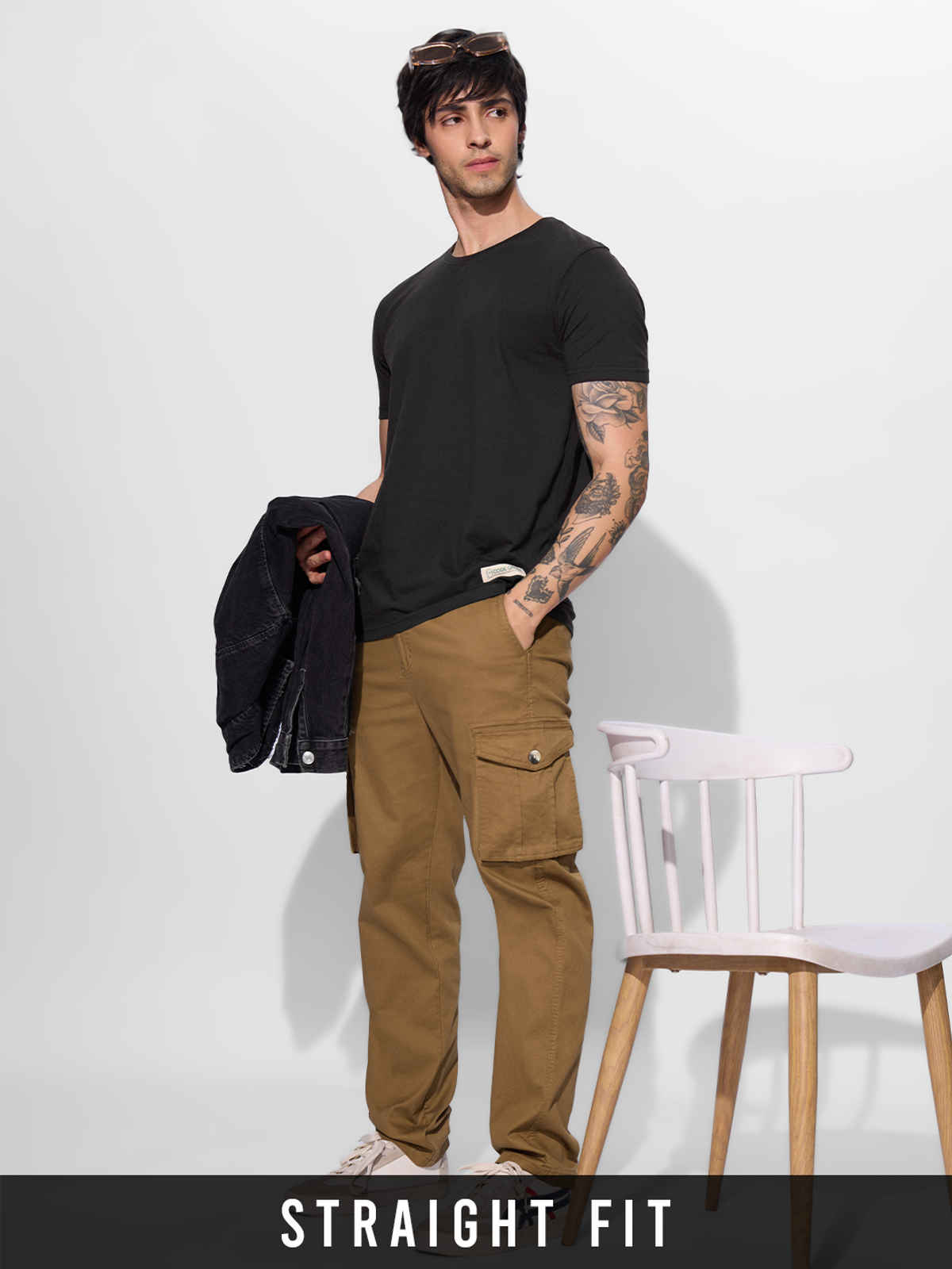 The Souled Store Men's Solids Cargo Pants | Brown - 38