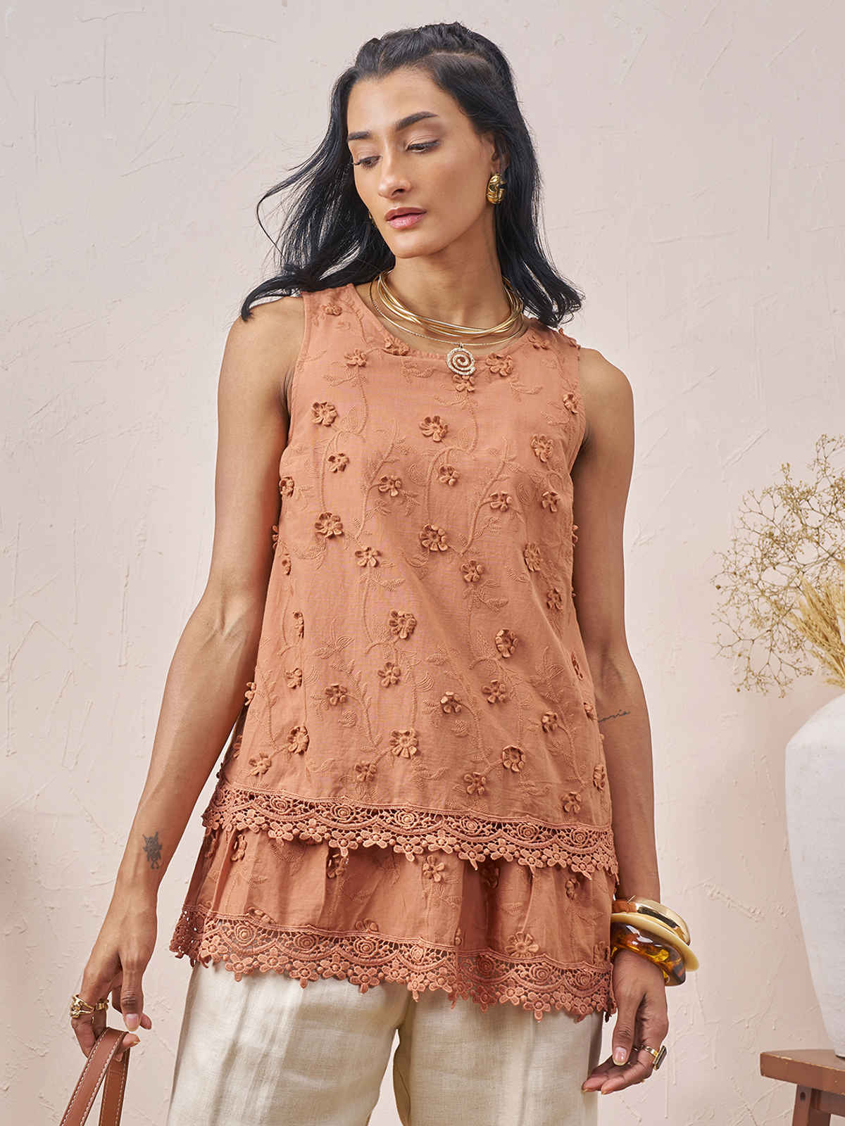 Vara By Vishudh Women's Otton 3D Embroiderd Top | Brown - XL