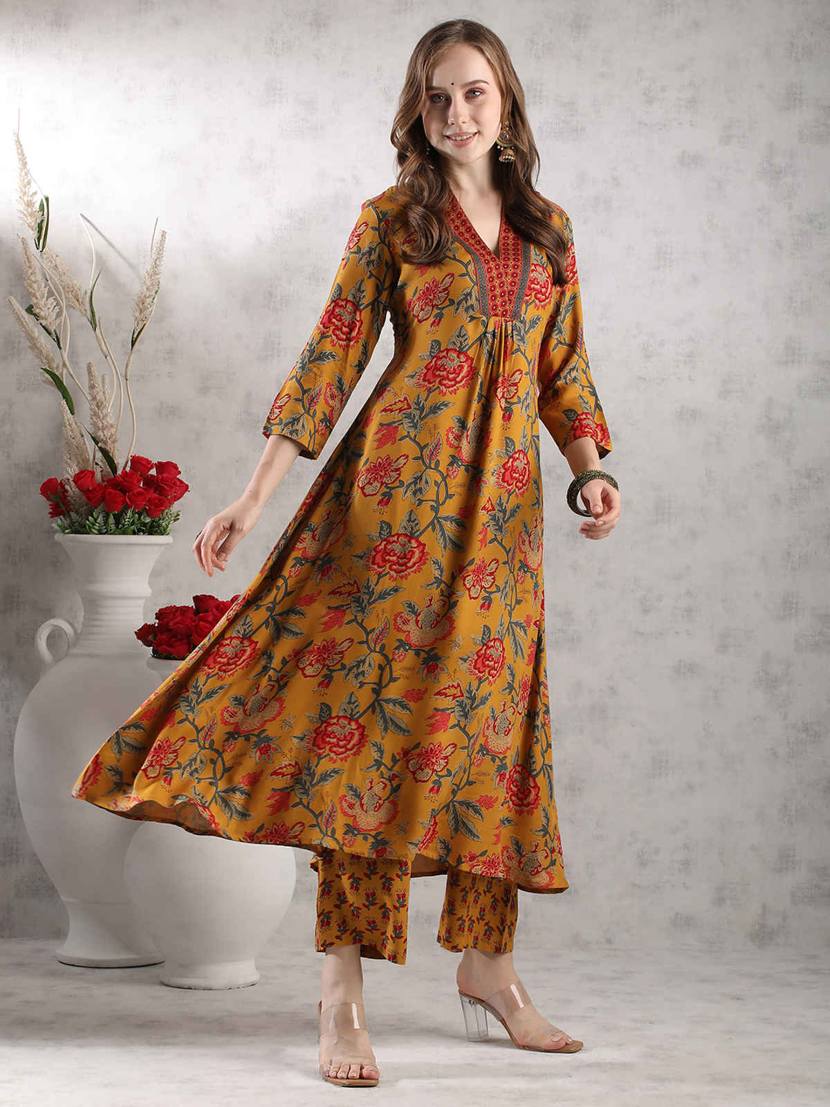 GoSriKi Women's Rayon Blend Anarkali Printed Kurta with Palazzo & Dupatta | CIA | Yellow - S