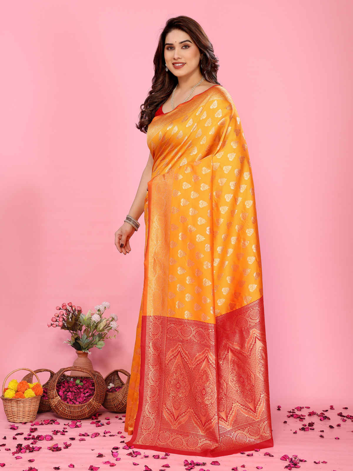 Hema Silk Mills Women Woven Banarasi Silk Blend Saree | Mustard
