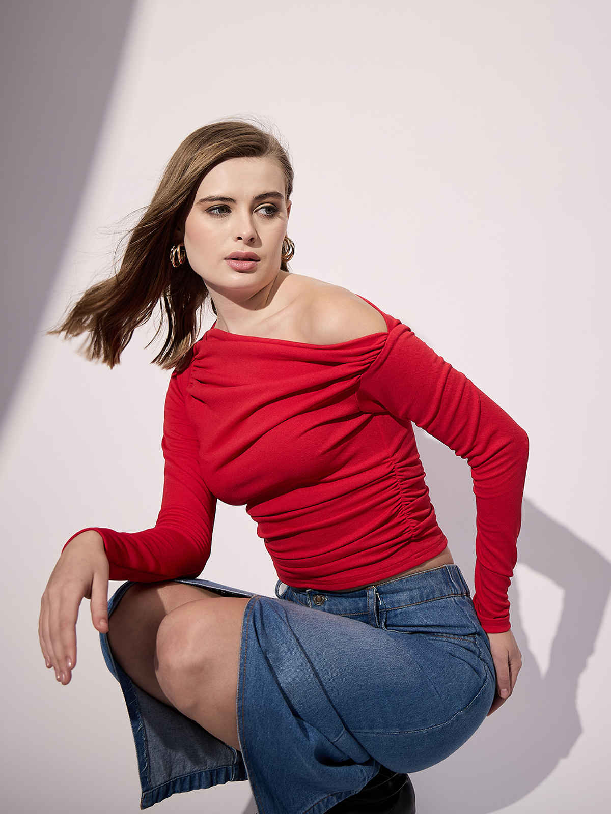 Uptownie Women's Stretchable Asymmetrical Ruched Top | Red - M