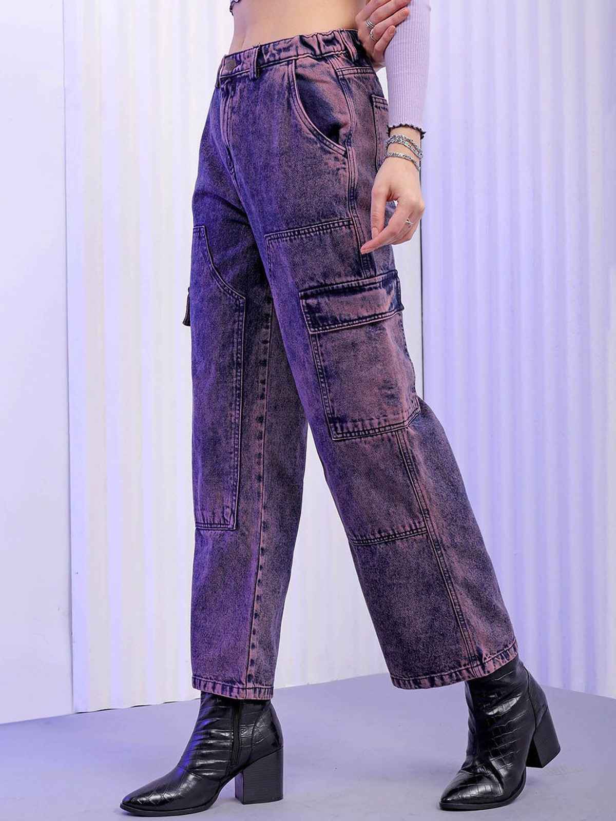 Freehand Women's Street Denim Patch Pocket Multi Pocket Utility Carpenter Denim Jeans | Purple - 28