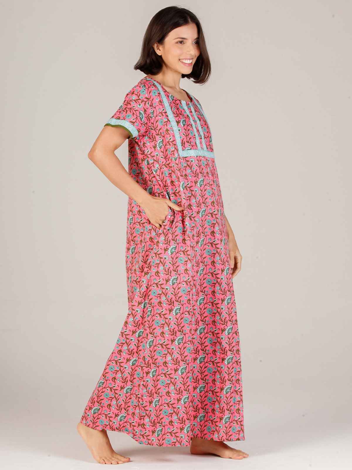 Evolove Women's Soft Cotton & Warm Printed Nighty | Pink | L