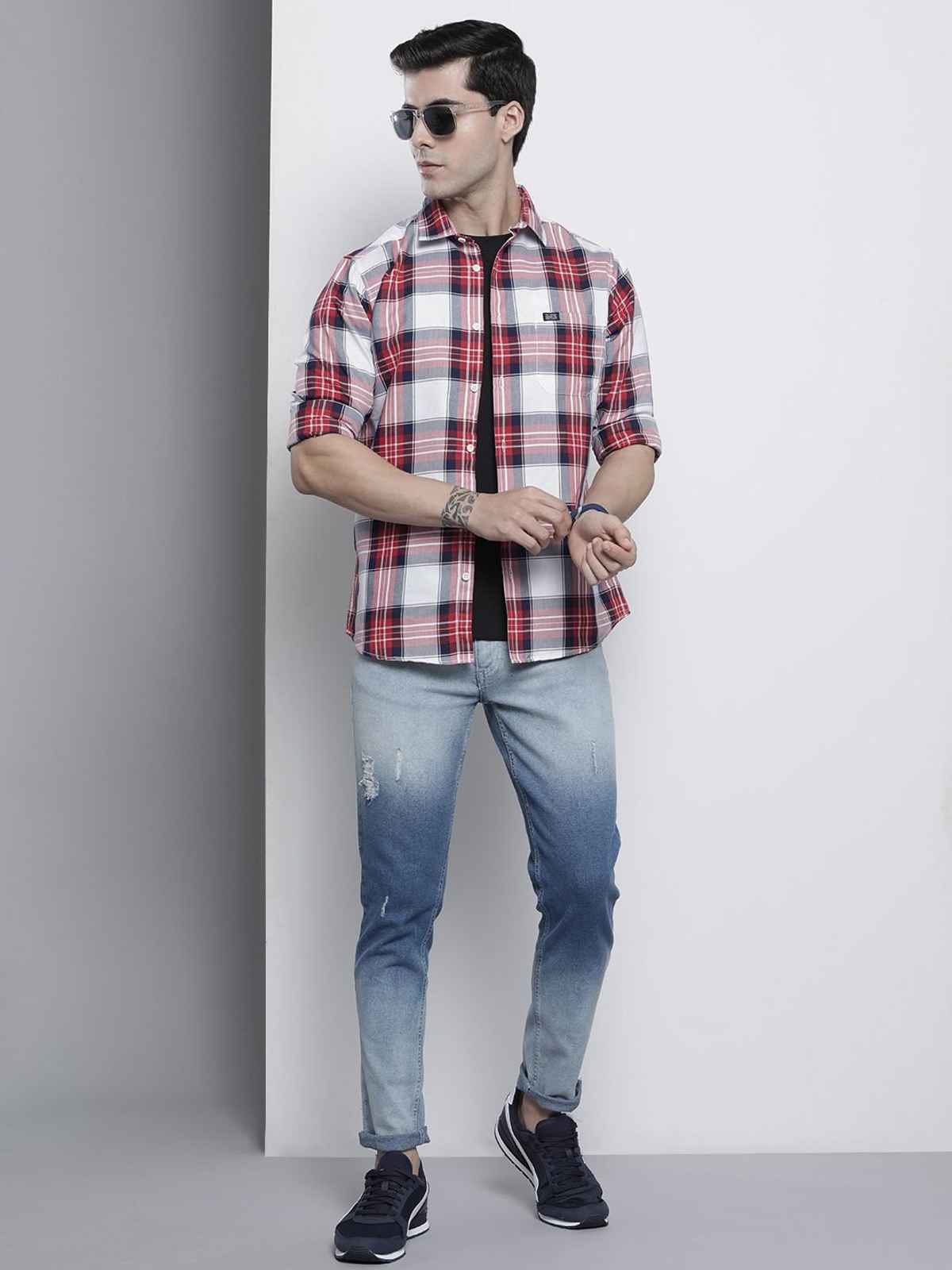 The Indian Garage Co Men's Regular Fit Checkered Casual Shirt | Red - L