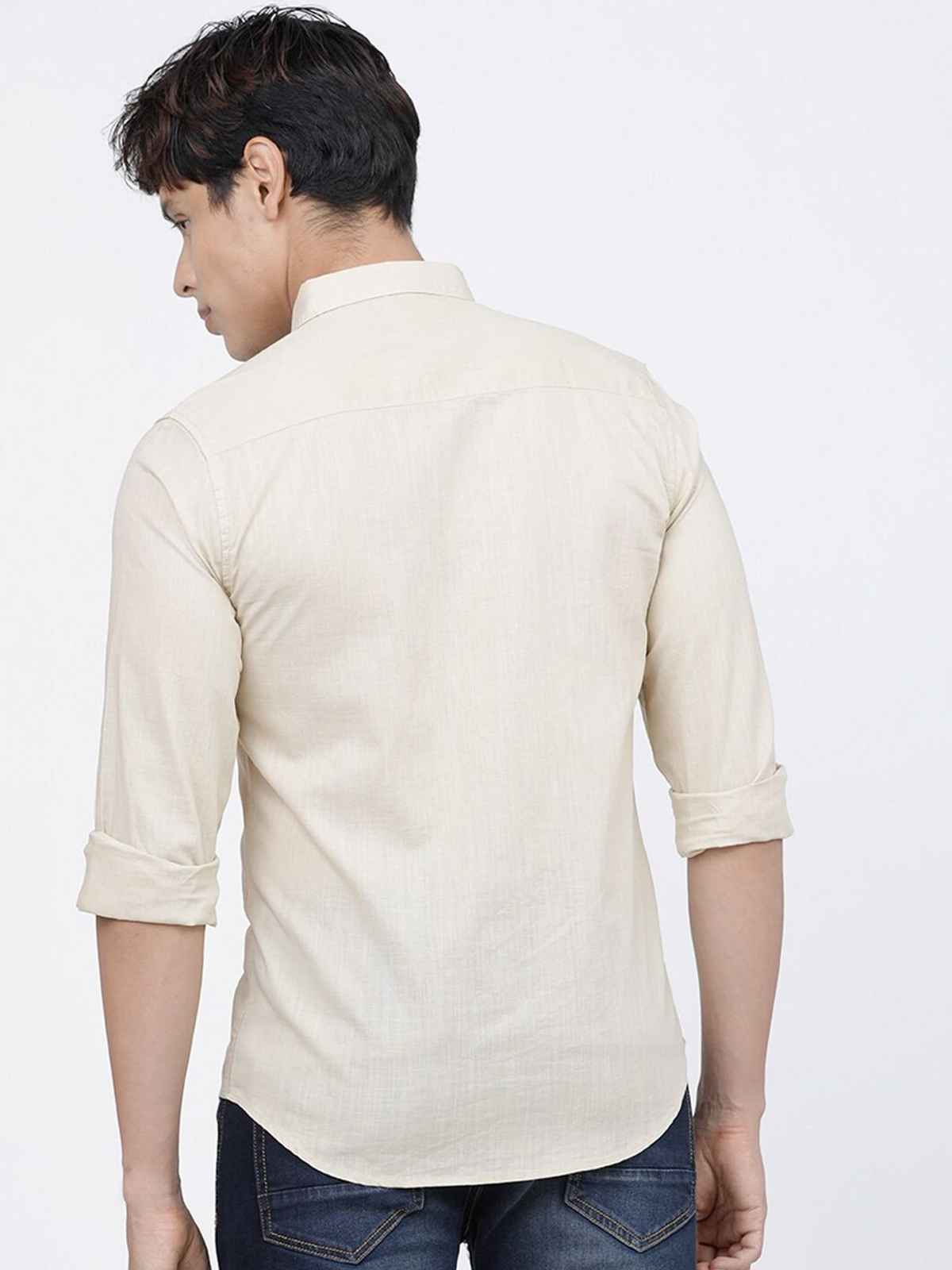 The Indian Garage Co Men's Slim Fit Solid Casual Shirt | Light Beige - L