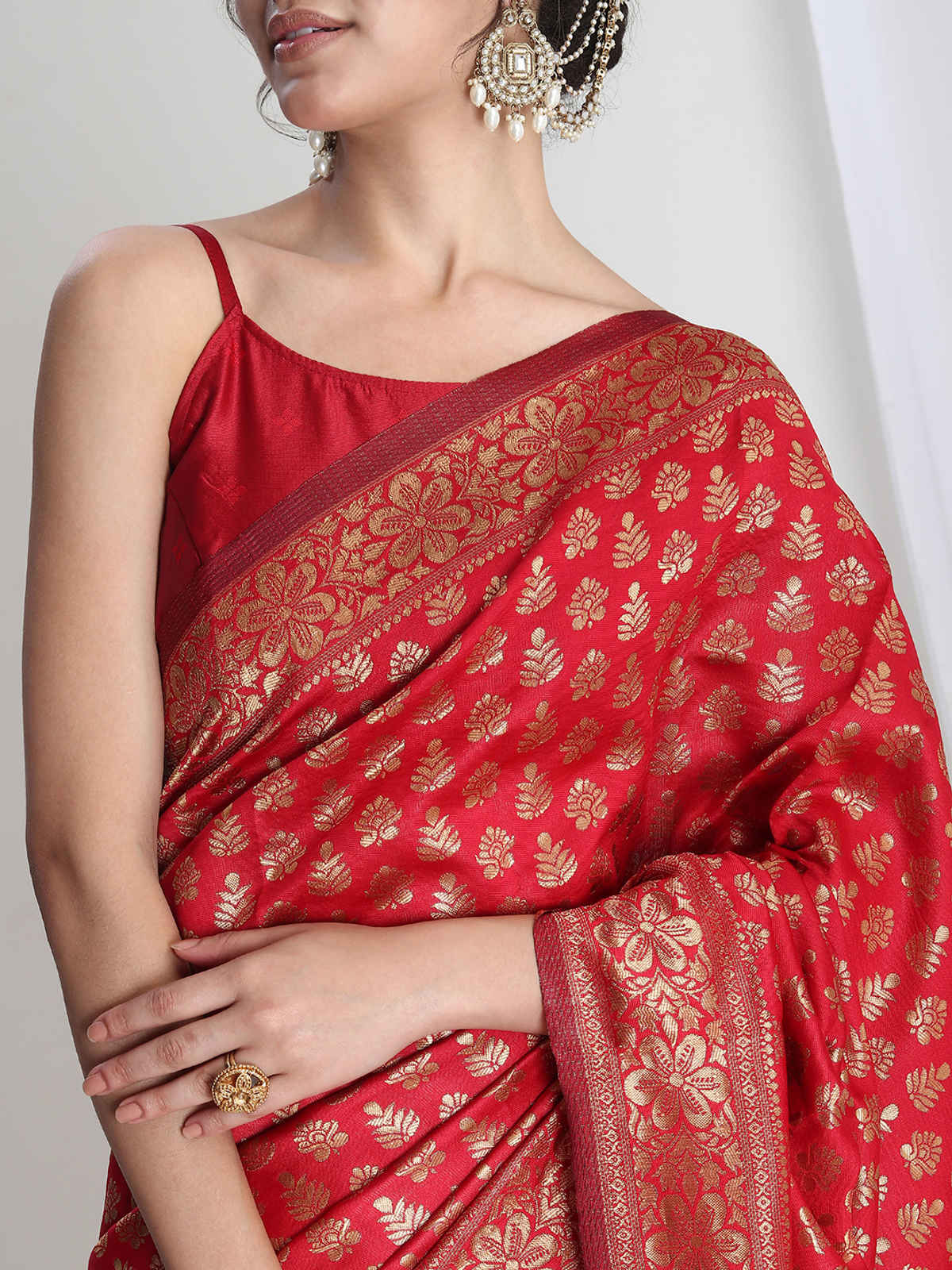 Janasya Women's Silk Blend Floral Woven Design Jacquard Saree with Blouse Piece | SAR692 | Red