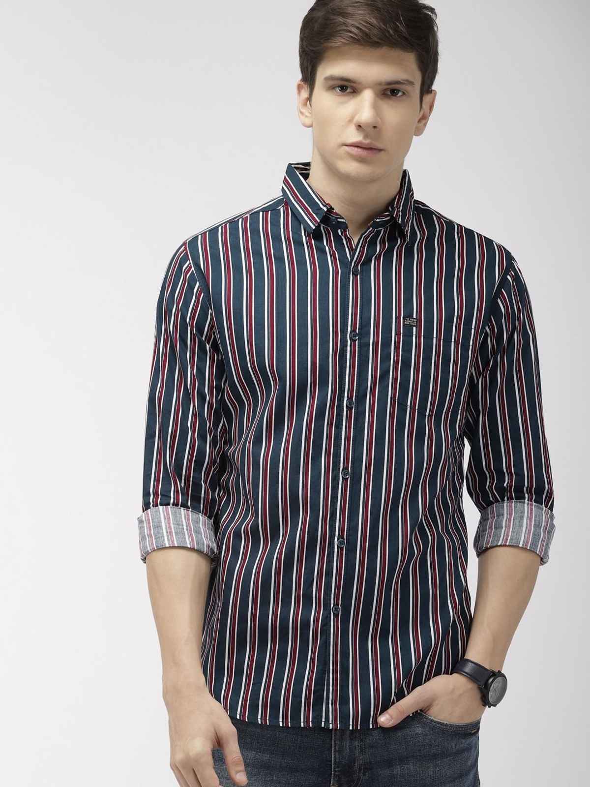The Indian Garage Co Men's Slim Fit Multi Stripes Casual Shirt | Navy Blue - 2XL