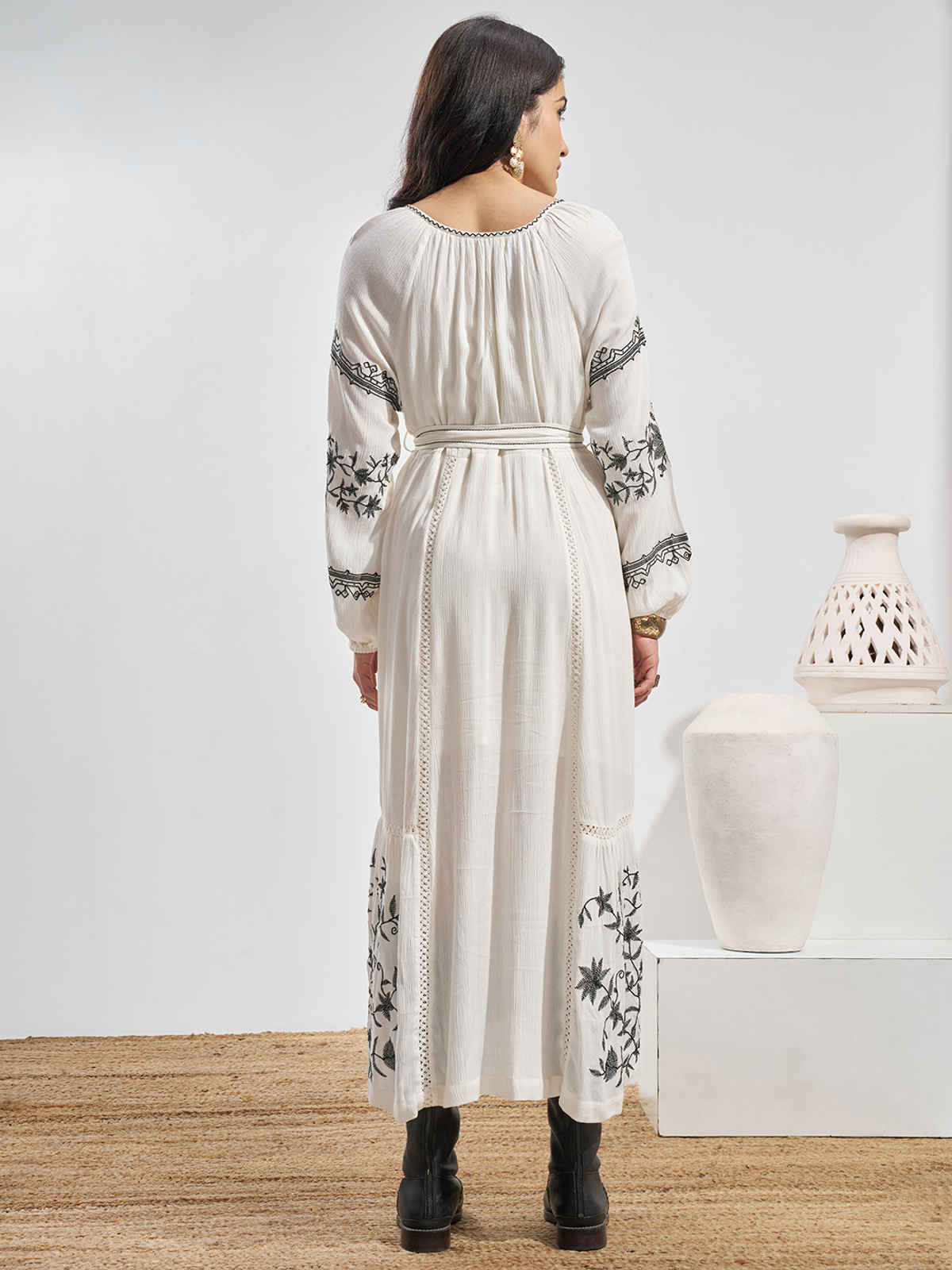 Vara By Vishudh Women's Viscose Gauze Embroiderd Round Neck Maxi Dress | Off White - M