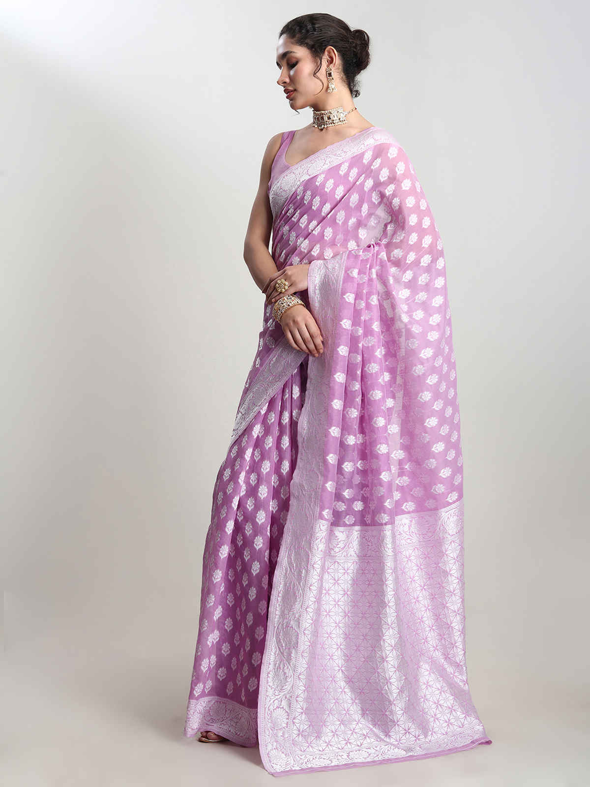 Janasya Women's Silk Blend Floral Woven Design Jacquard Saree with Blouse Piece | SAR631 | Lavender