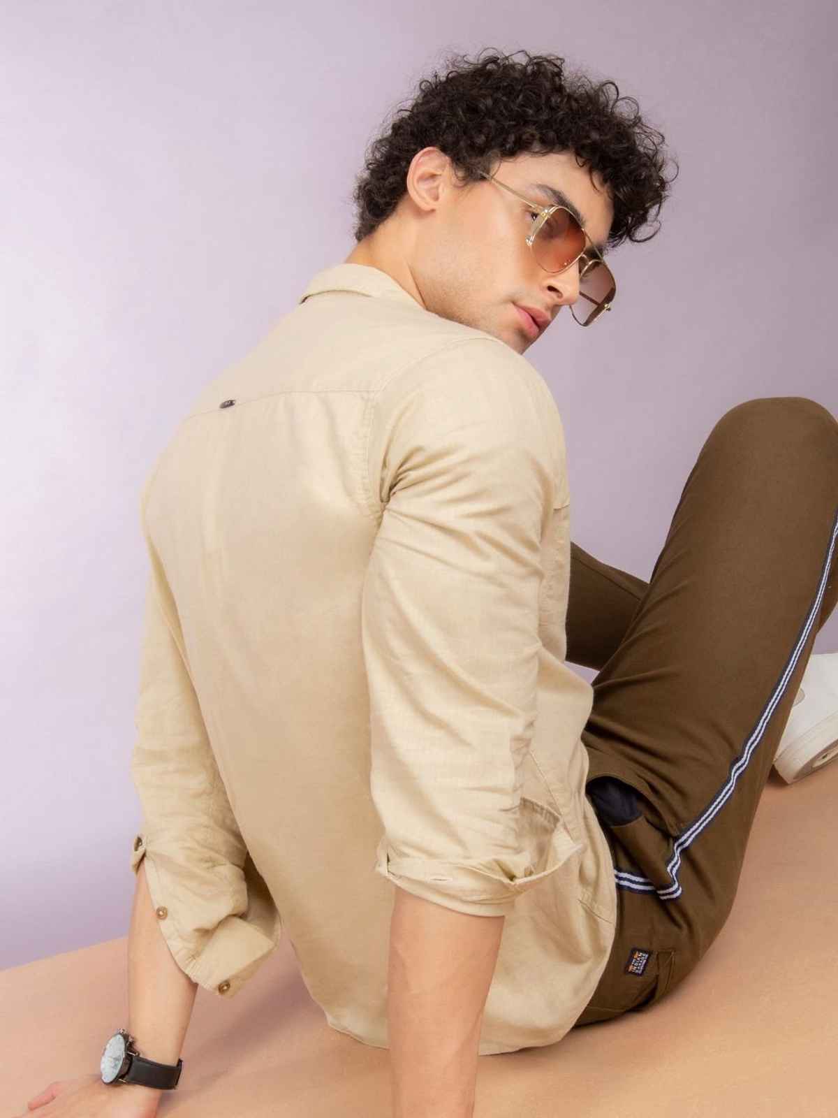 The Indian Garage Co Men's Slim Fit Solid Casual Shirt | Beige - S