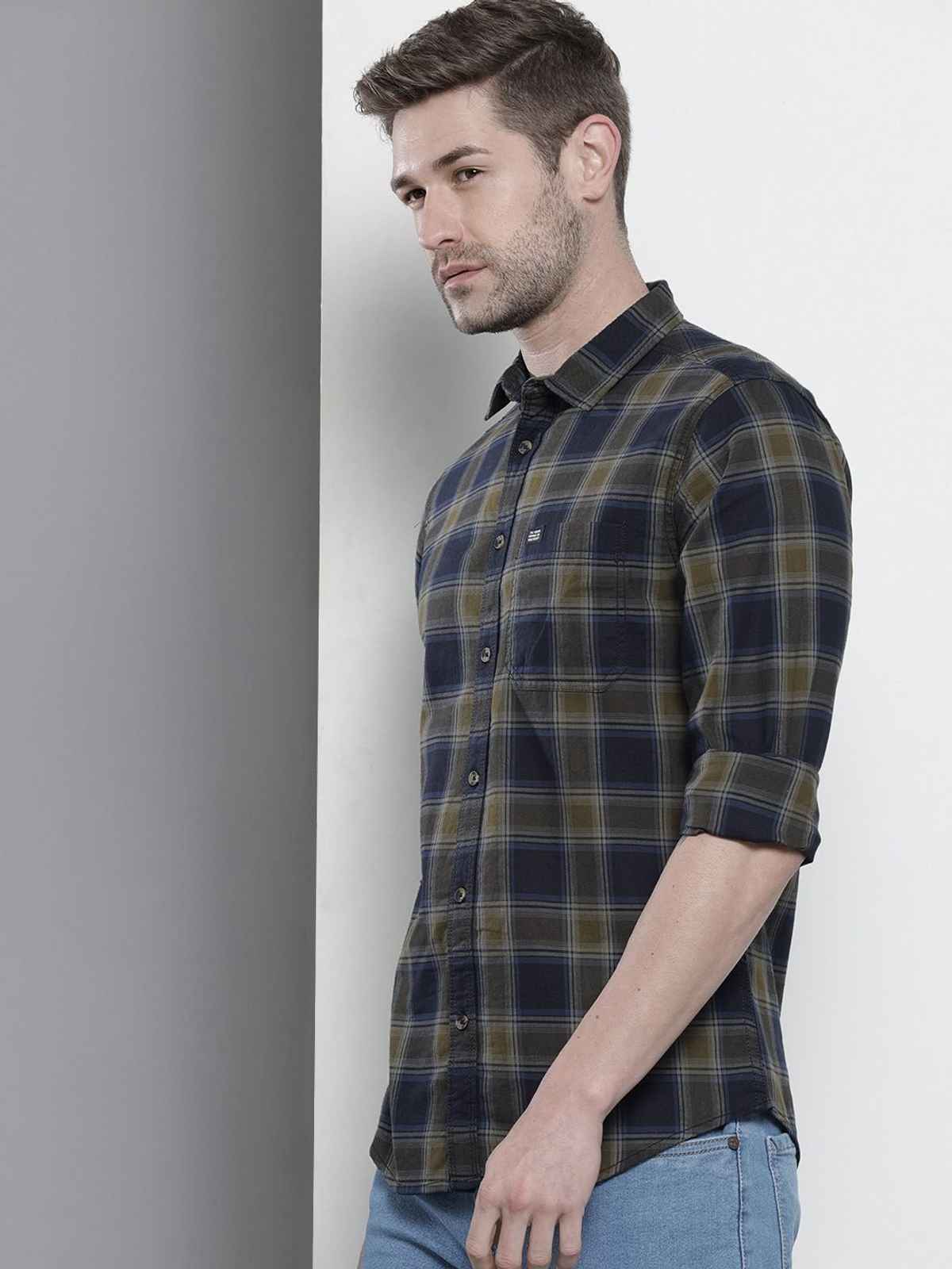 The Indian Garage Co Men's Slim Fit Checkered Casual Shirt | Navy Blue & Green - XL