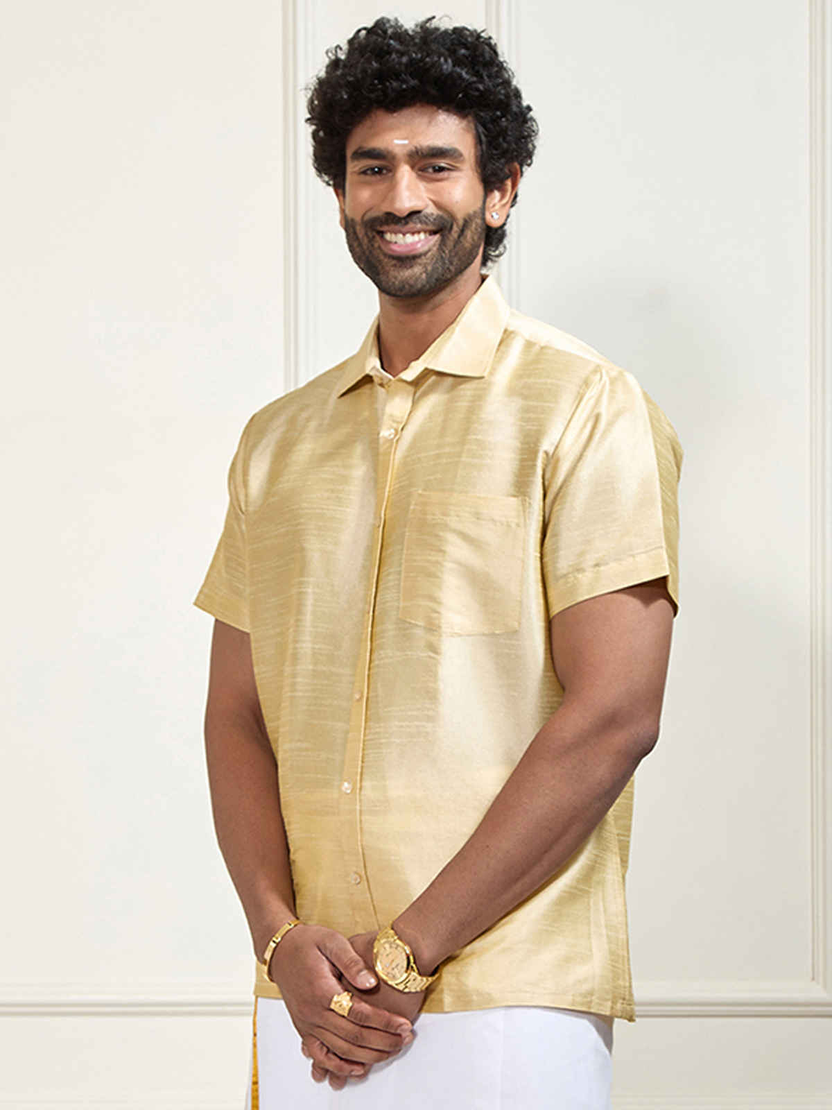 Vastramay Mens Silk Blend Casual Shirt | Golden Short Sleeve Festive Wear with Patch Pocket - L