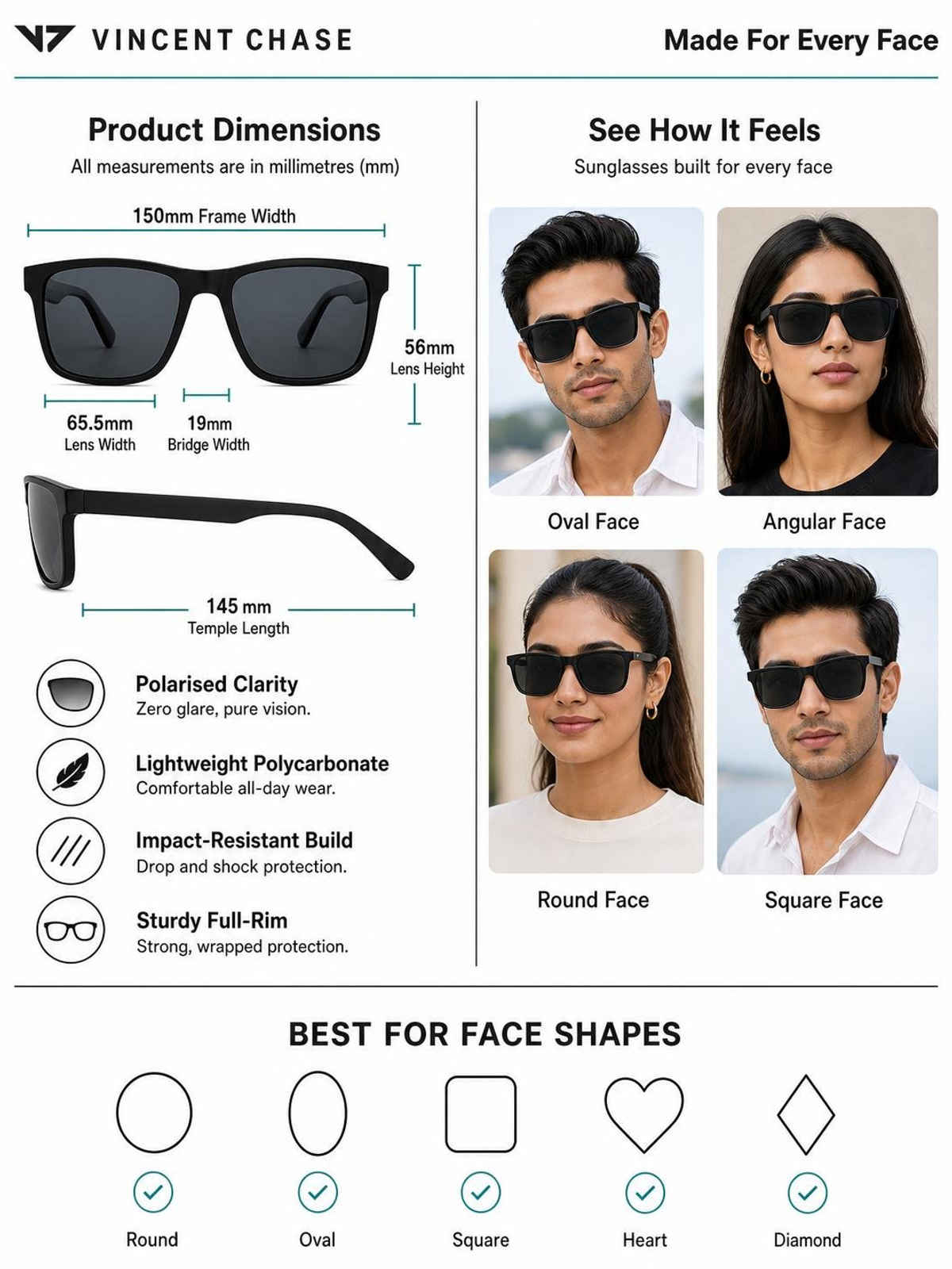 Vincent Chase By Lenskart Unisex Polycarbonate Wayfarer Sunglasses | Black - L
