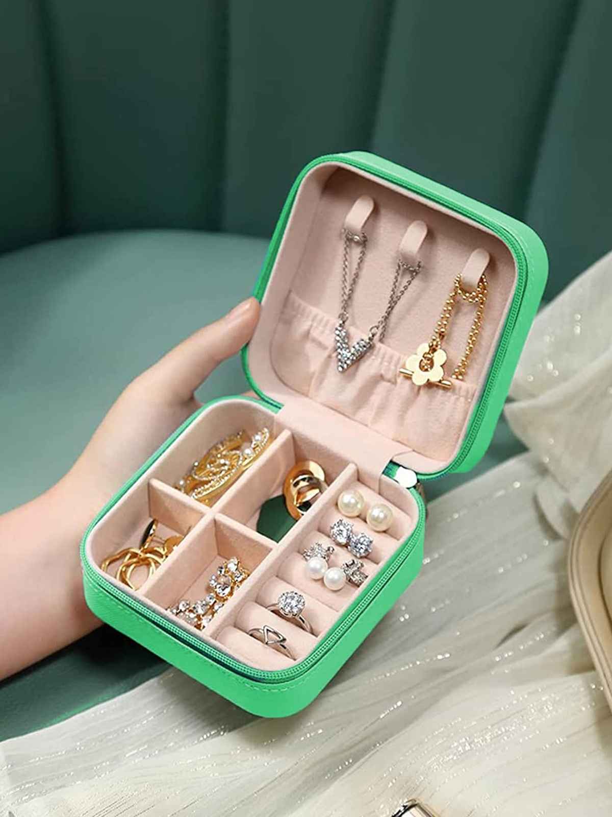 Youbella Pu Leather Zipper Portable Travel Storage Box Case(Green)(Jewellery - Box - 31)