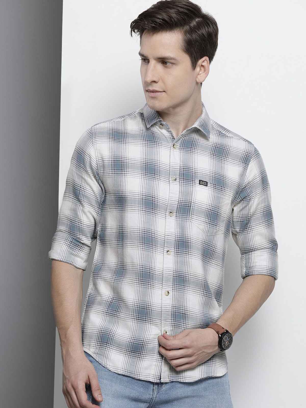 The Indian Garage Co Men's Slim Fit Checked Casual Shirt | Cream - L
