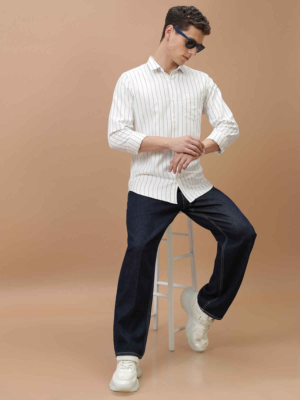 HIGHLANDER Men's Striped Slim Fit Opaque Cotton Casual Shirt | White, Blue and Red - S