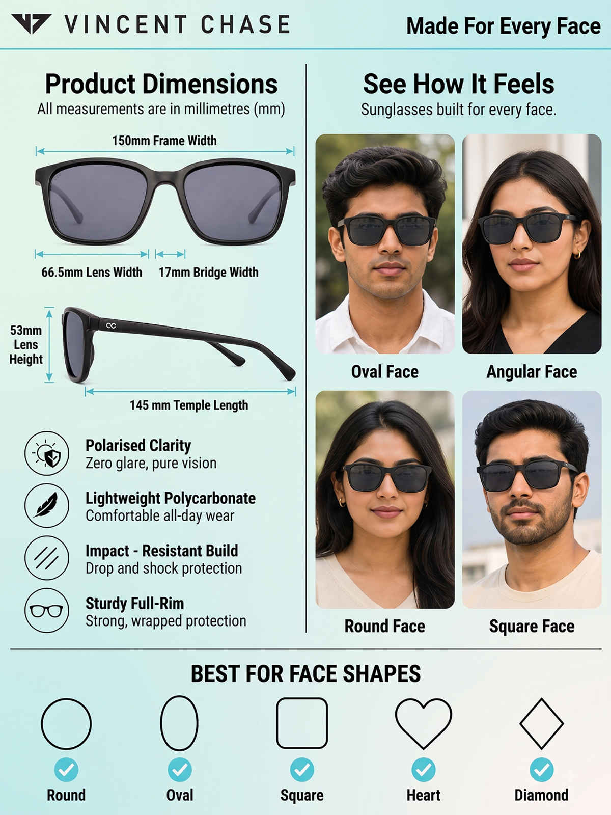 Black Grey Full Rim Rectangle Vincent Chase Style Cast PC VC S11740-C1 Polarized Sunglasses