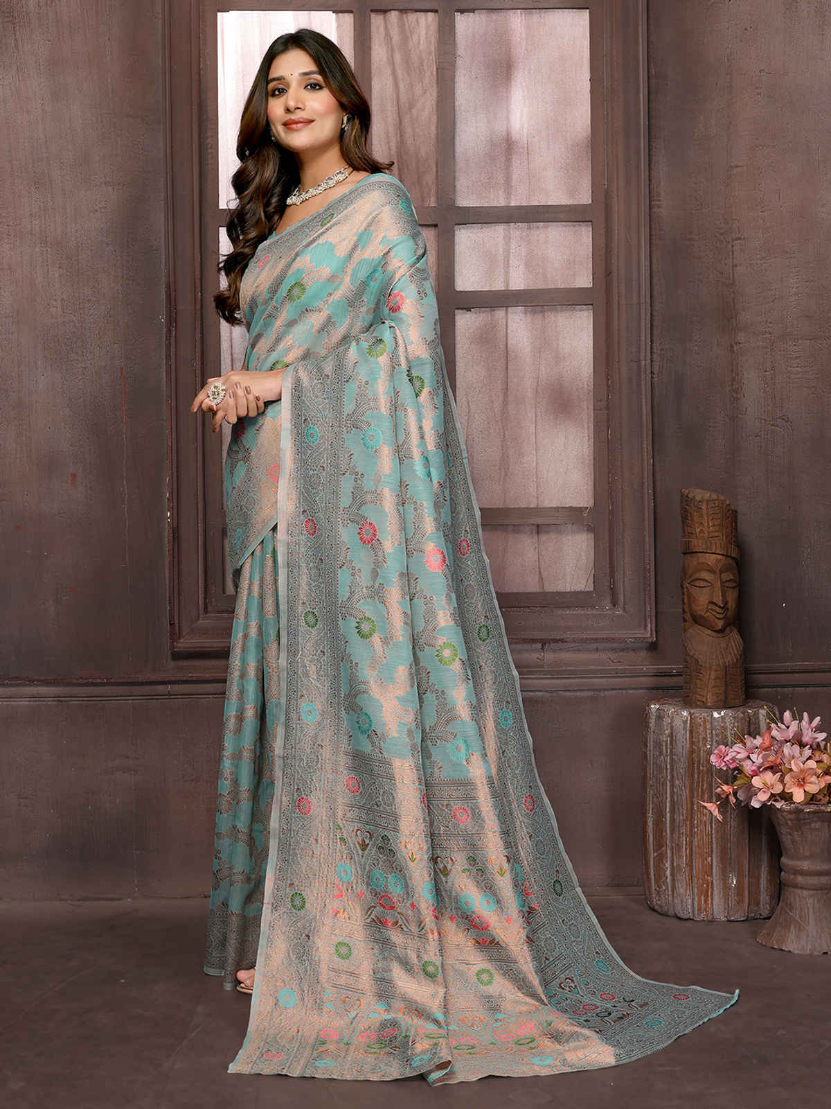 Janasya Women's Cotton Linen Floral Woven Design Saree with Blouse Piece | SAR403 | Light Blue