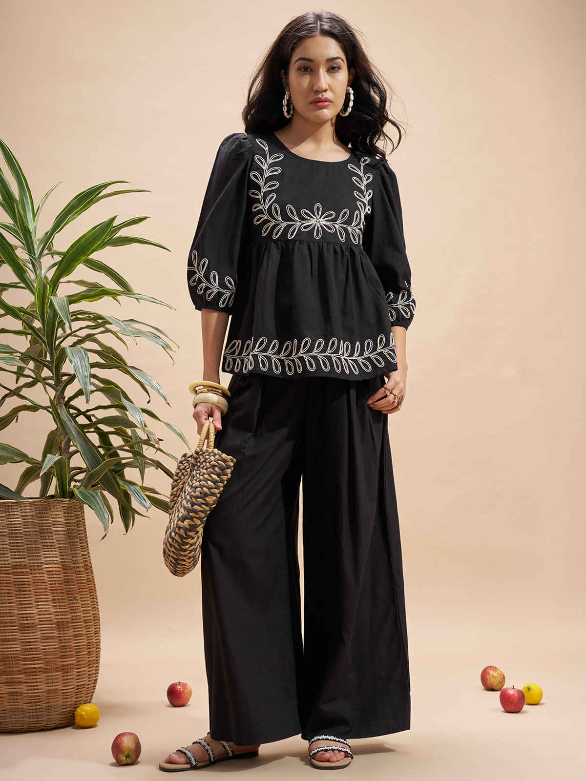 Vara By Vishudh Women's Embroidered Gathered Top | Black - L