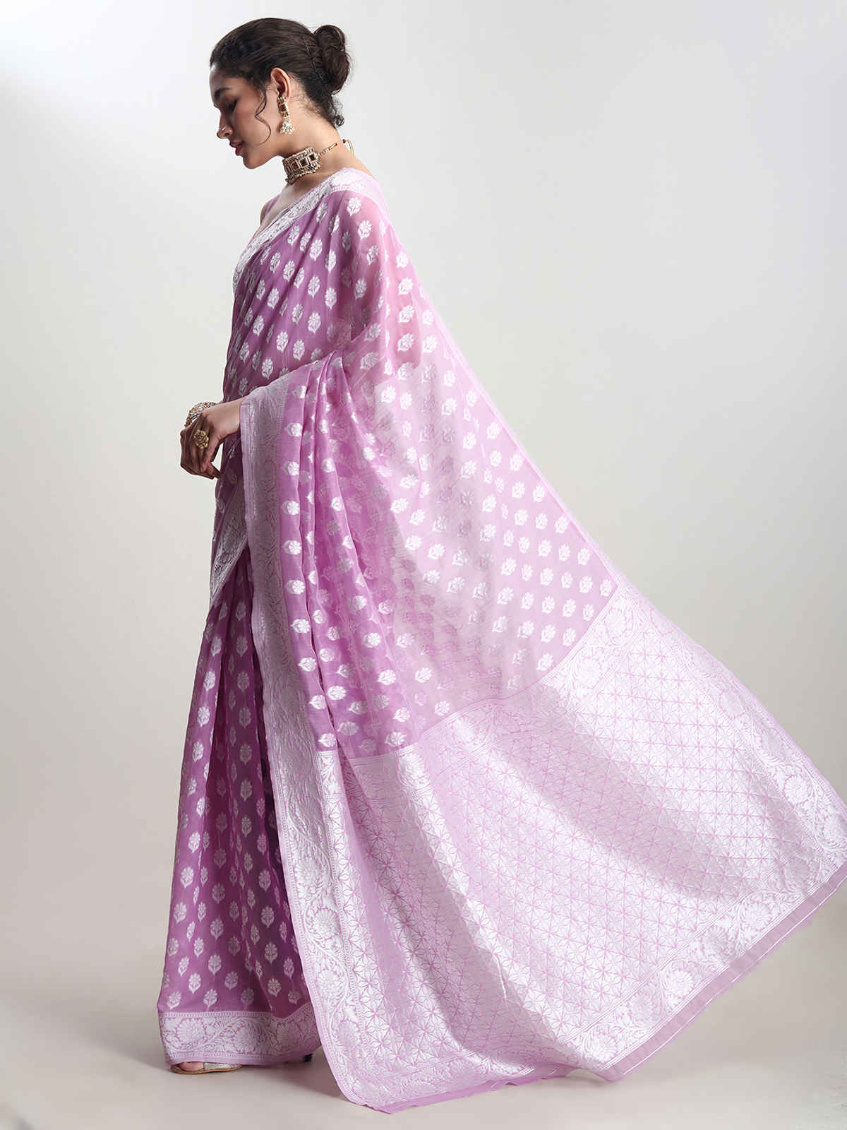 Janasya Women's Silk Blend Floral Woven Design Jacquard Saree with Blouse Piece | SAR631 | Lavender