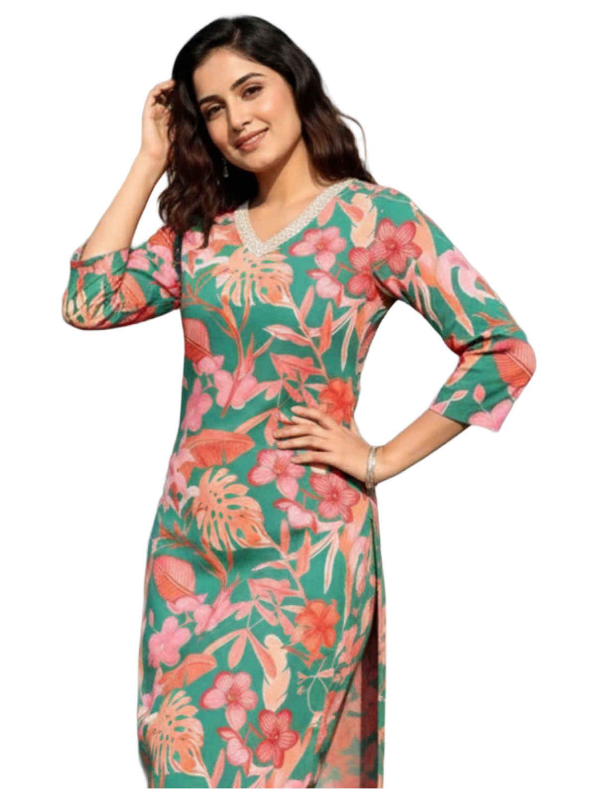 GoSriKi Women's Rayon Blend Straight Printed Kurta with Palazzo | CHINKI | Green - S