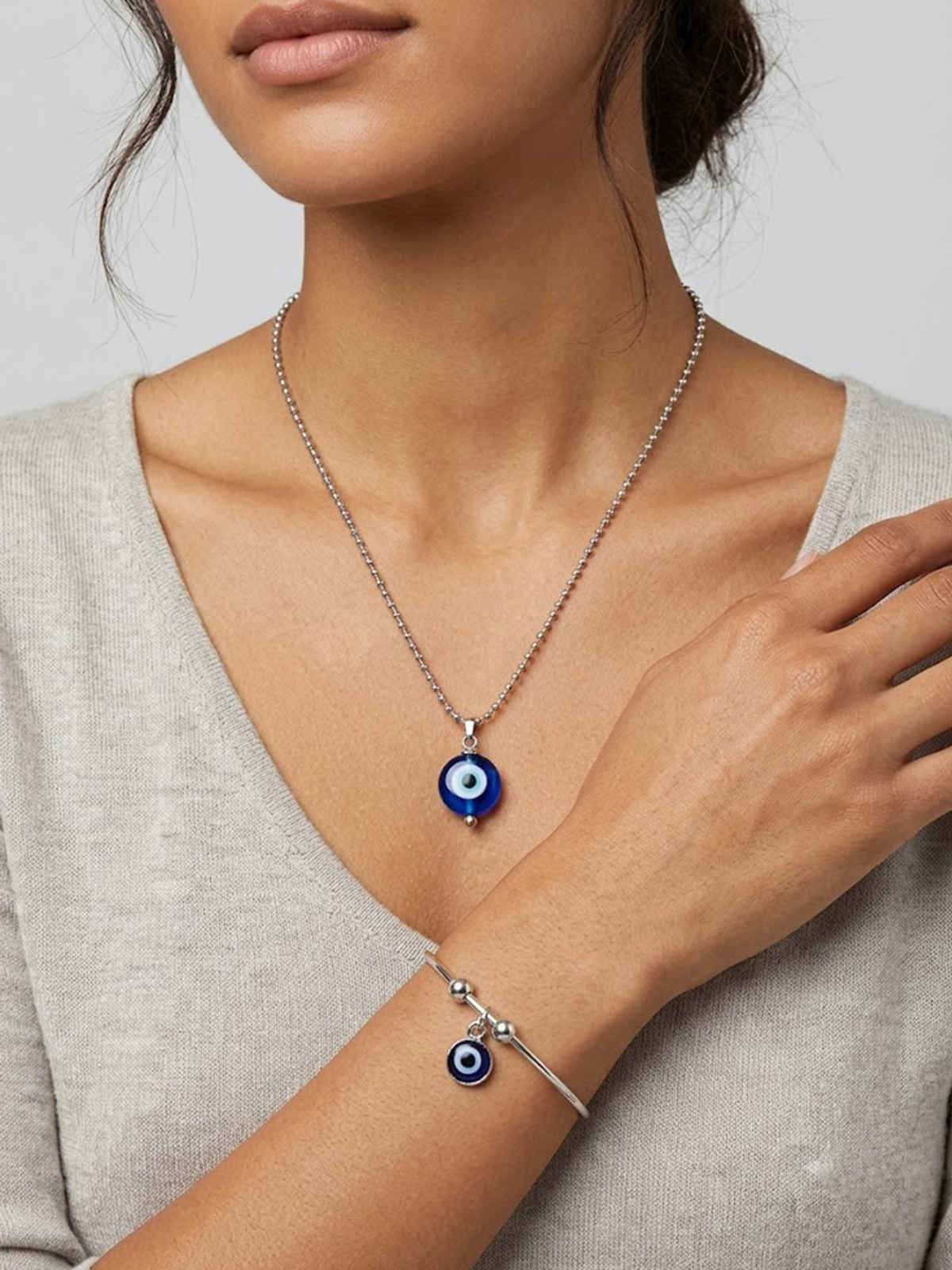 NVR Unisex Silver Evil Eye Pendant with Chain & Adjustable Evil Eye Bracelet Gift Combo