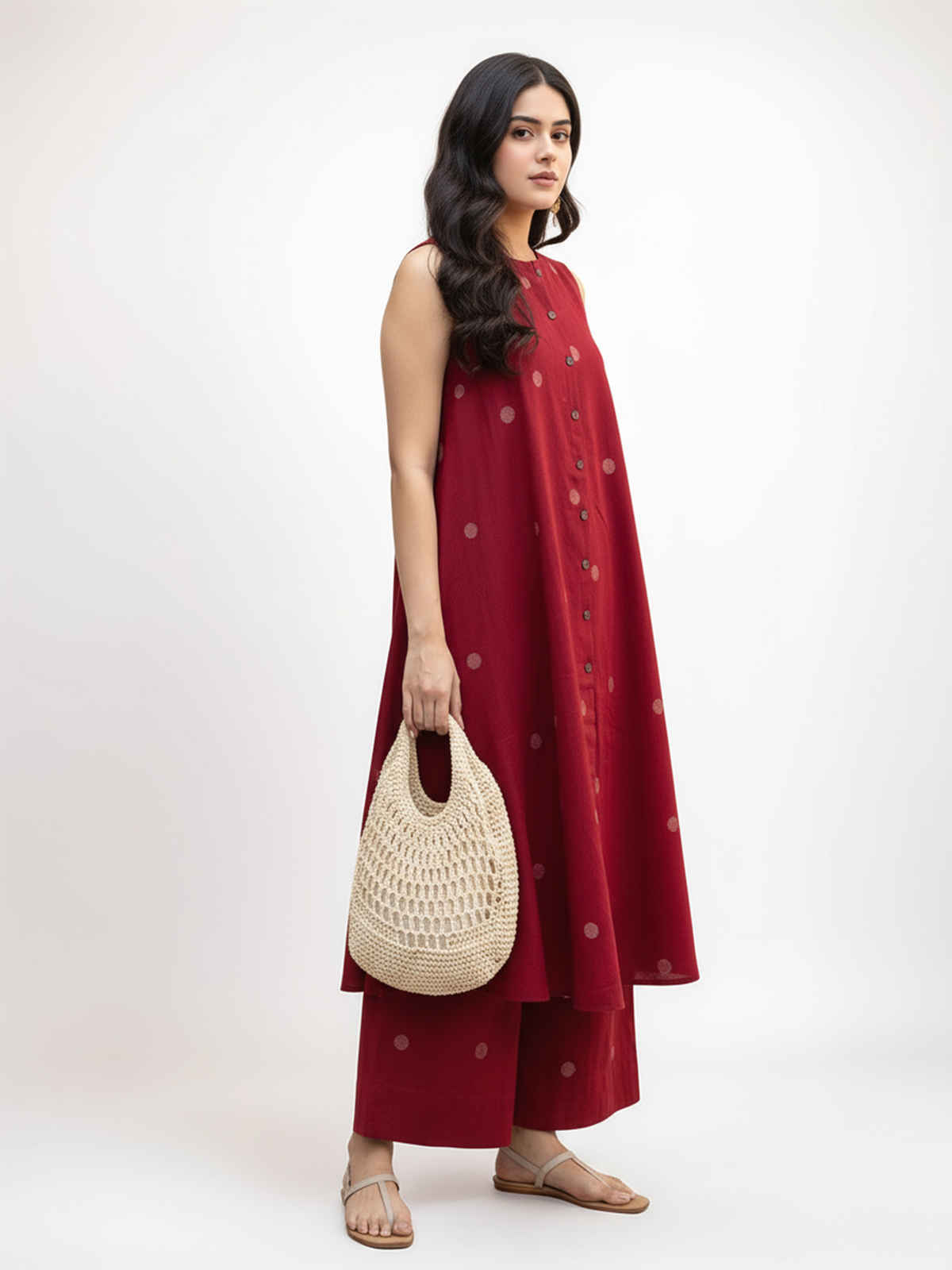 GoSriKi Women's Viscose Rayon Anarkali Polka Print Kurta with Palazzo | Red - S