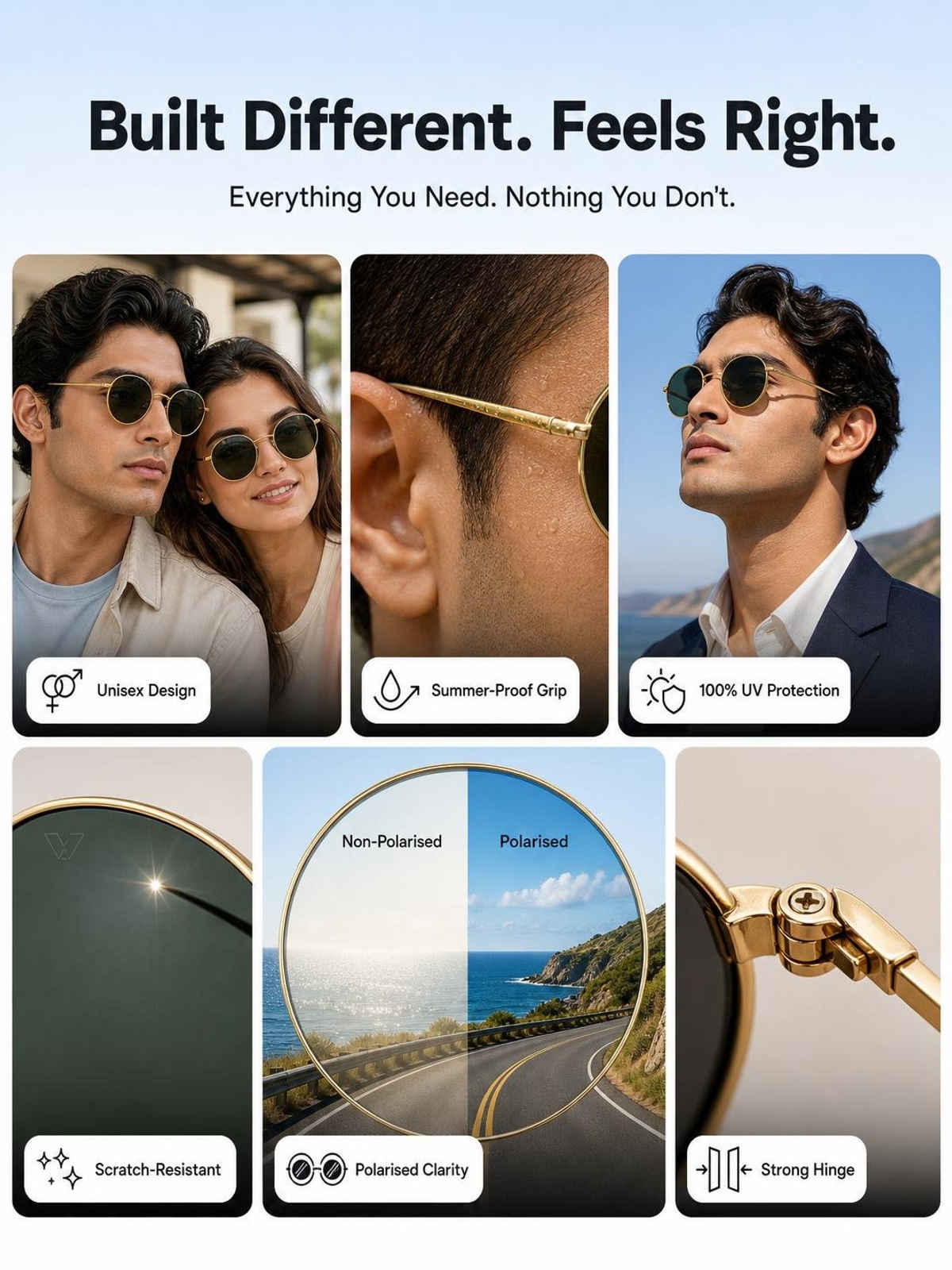 Vincent Chase By Lenskart Unisex Solid Metal Round Sunglasses | Gold - M