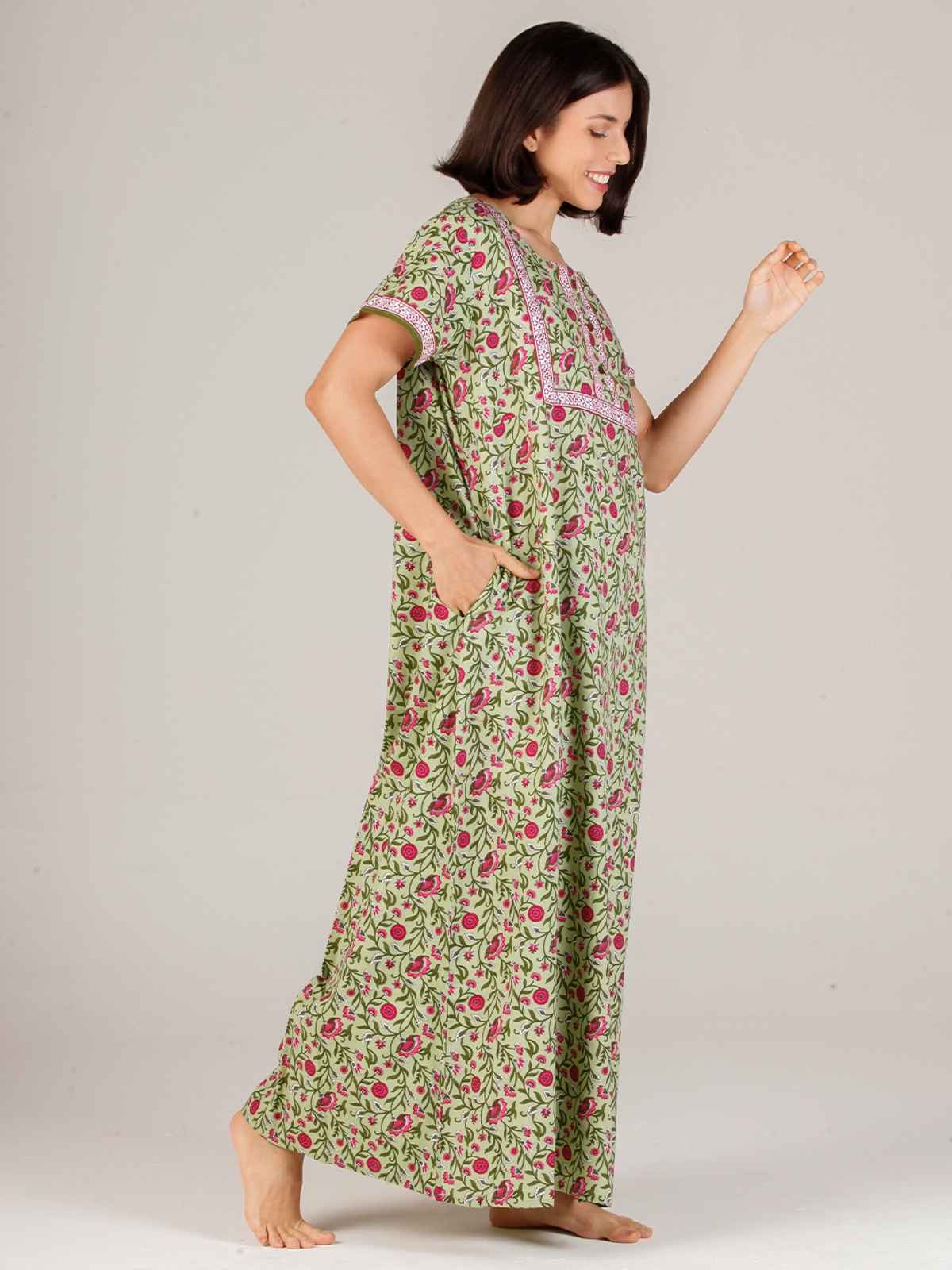 Evolove Women's Soft Cotton & Warm Printed Nighty | Green | L
