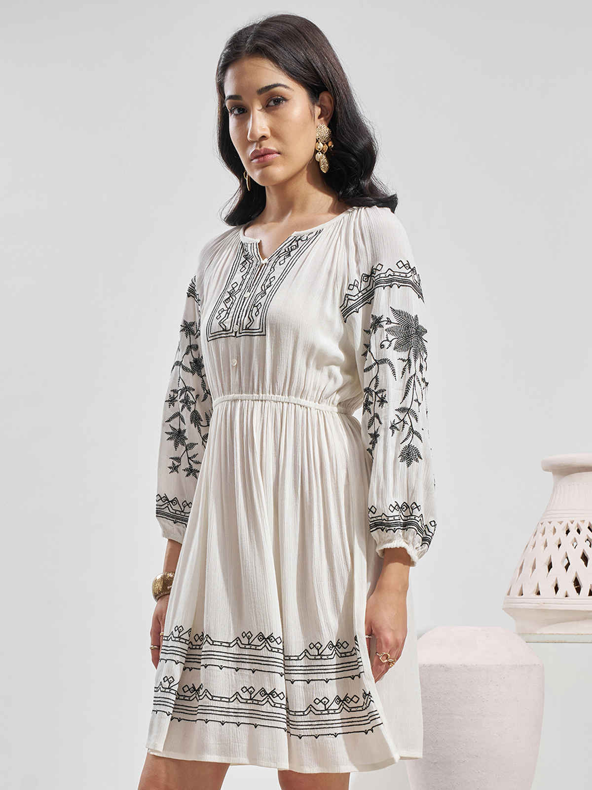Vara By Vishudh Women's Viscose Gauze Embroiderd Round Neck Short Dress | Off White - S