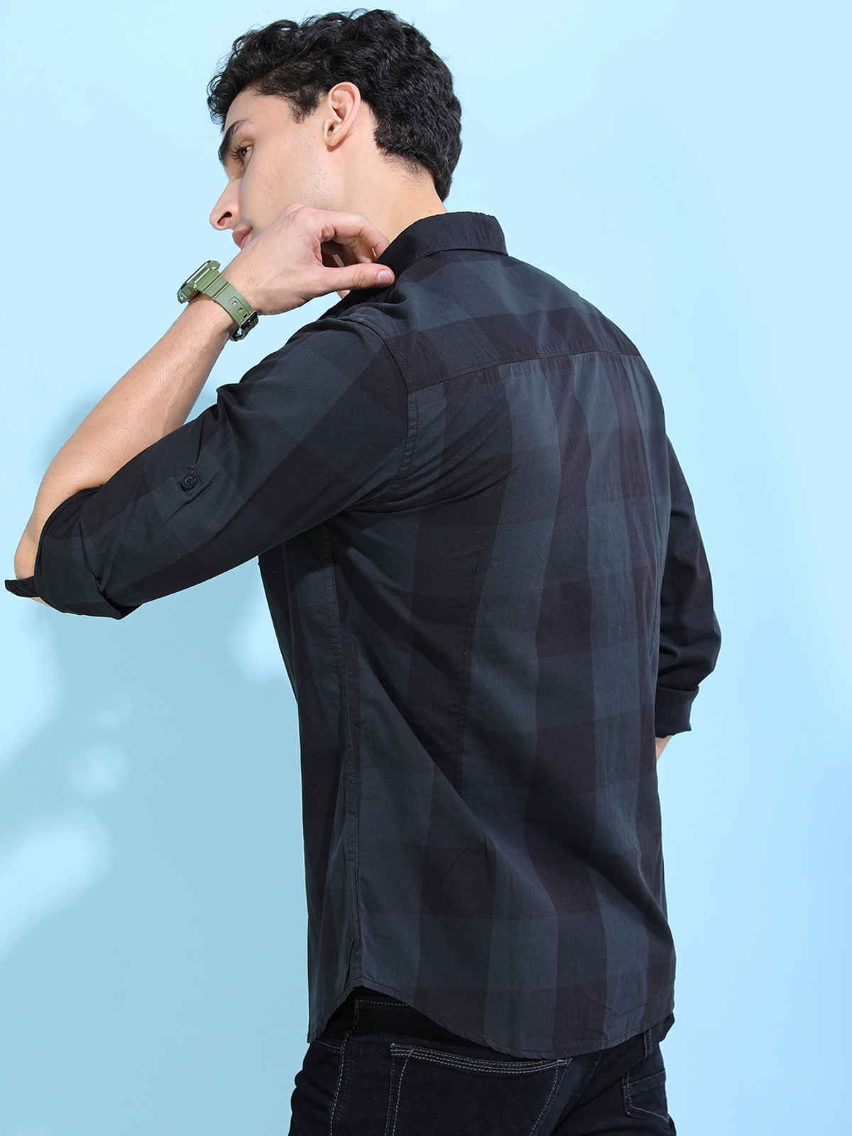 HIGHLANDER Men's Slim Fit Checked Casual Shirt | Grey & Black | M