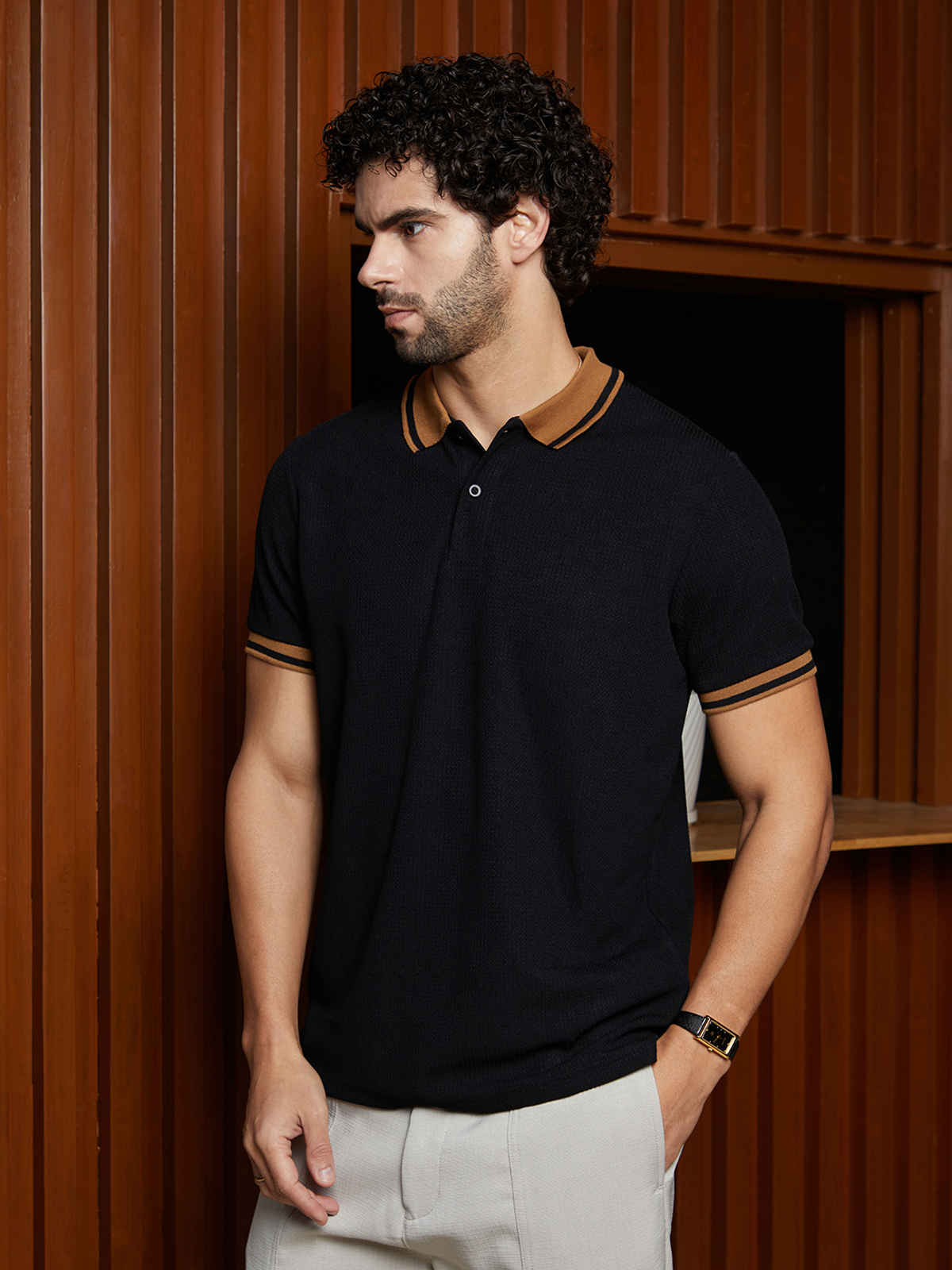 Campus Sutra Men's Cuboid-Stripe Polo T-Shirt | Onyx Black - L