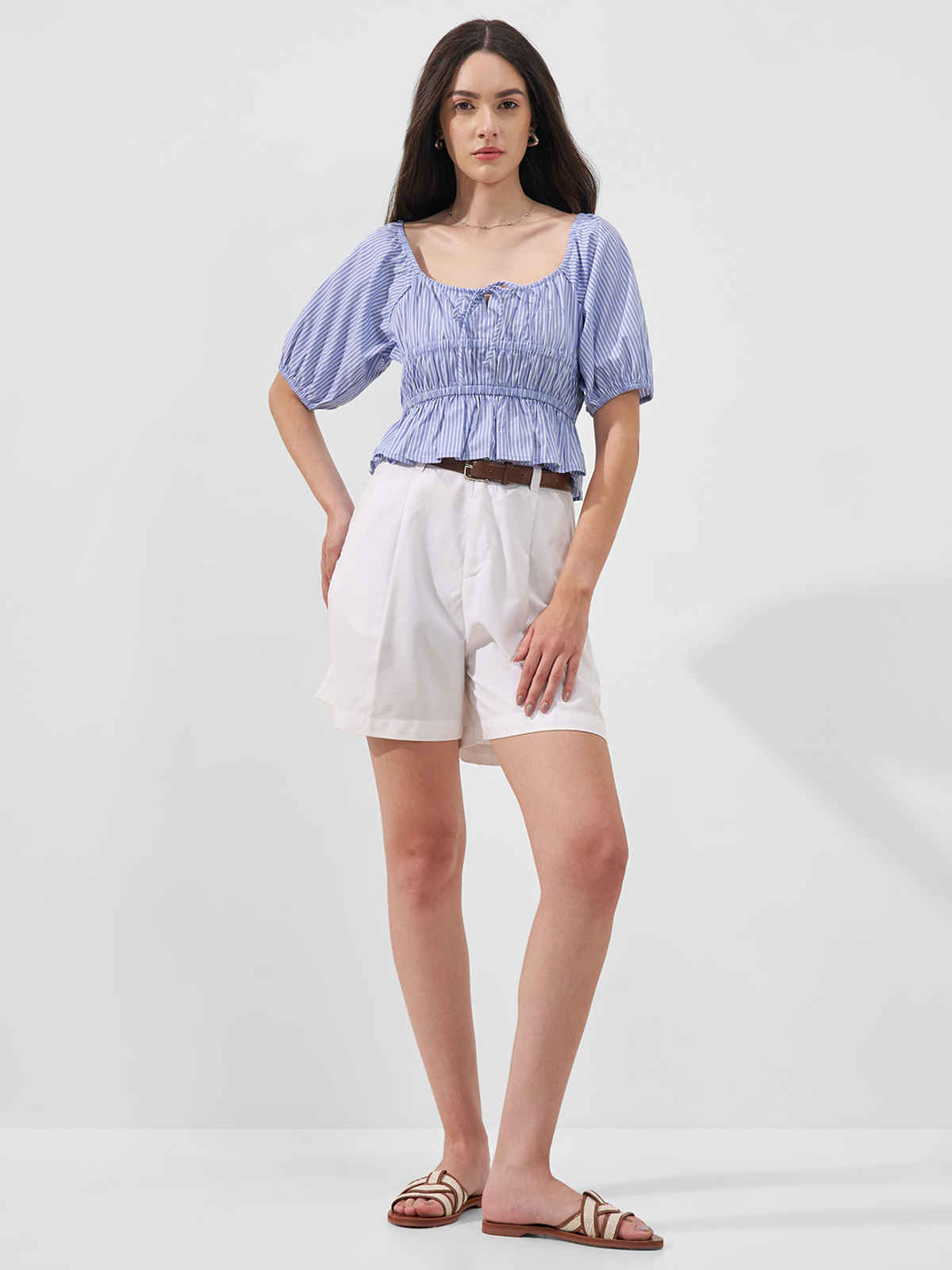 Tokyo Talkies Women Stripe Square Neckline Smocked Top | BLUE | XL