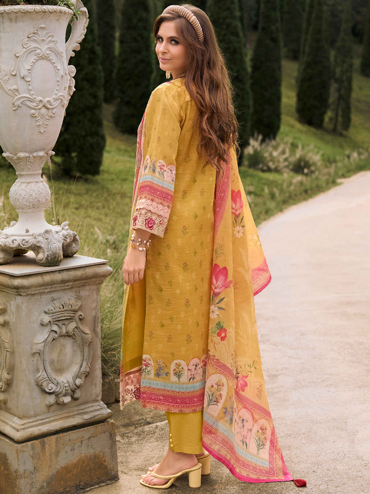 Indo Era Women's Linen Floral Printed Kurta & Pant With Dupatta Set | Mustard - L