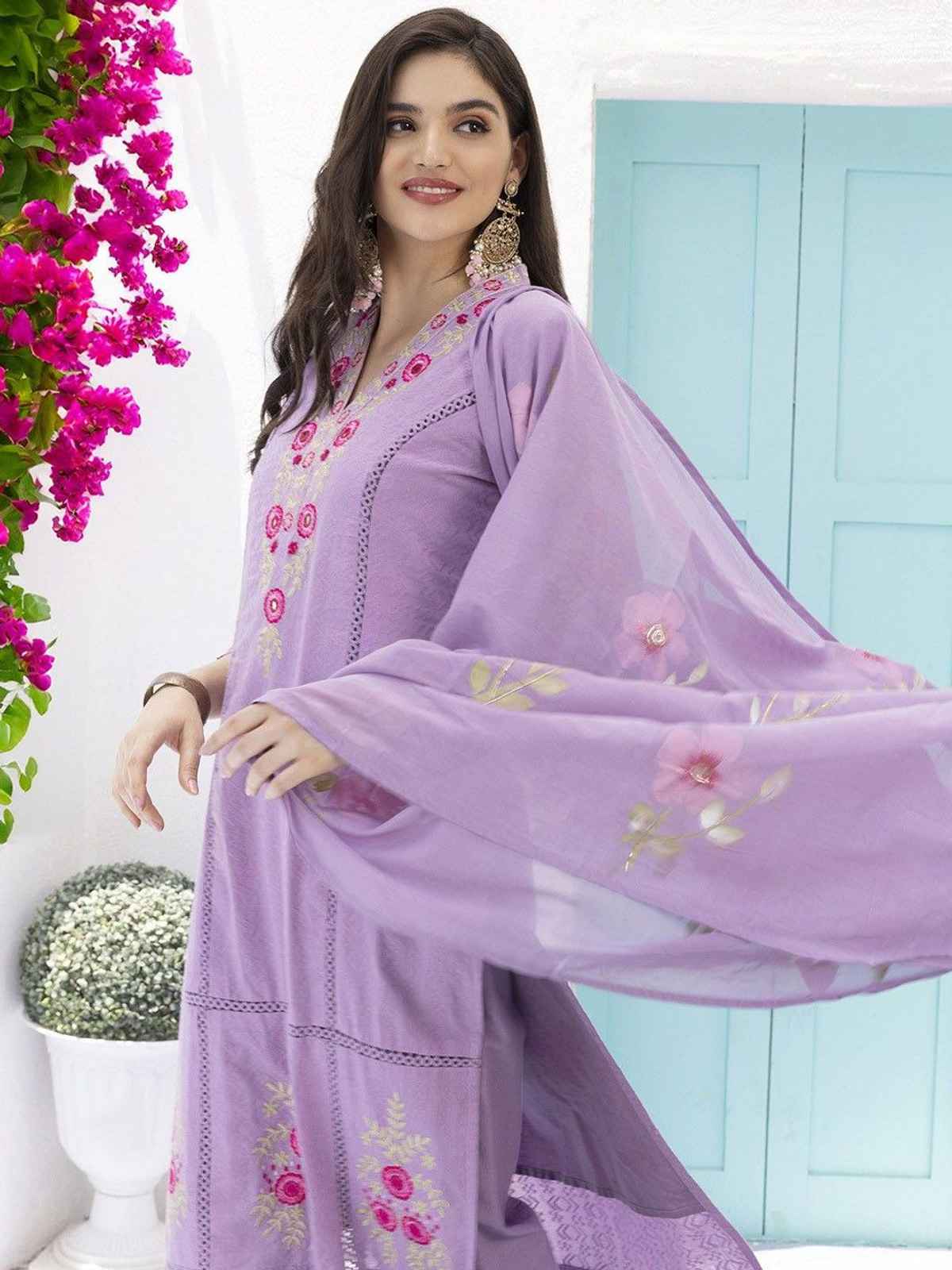 Ishin Women's Cotton Kurta Set with Dupatta | Purple - L